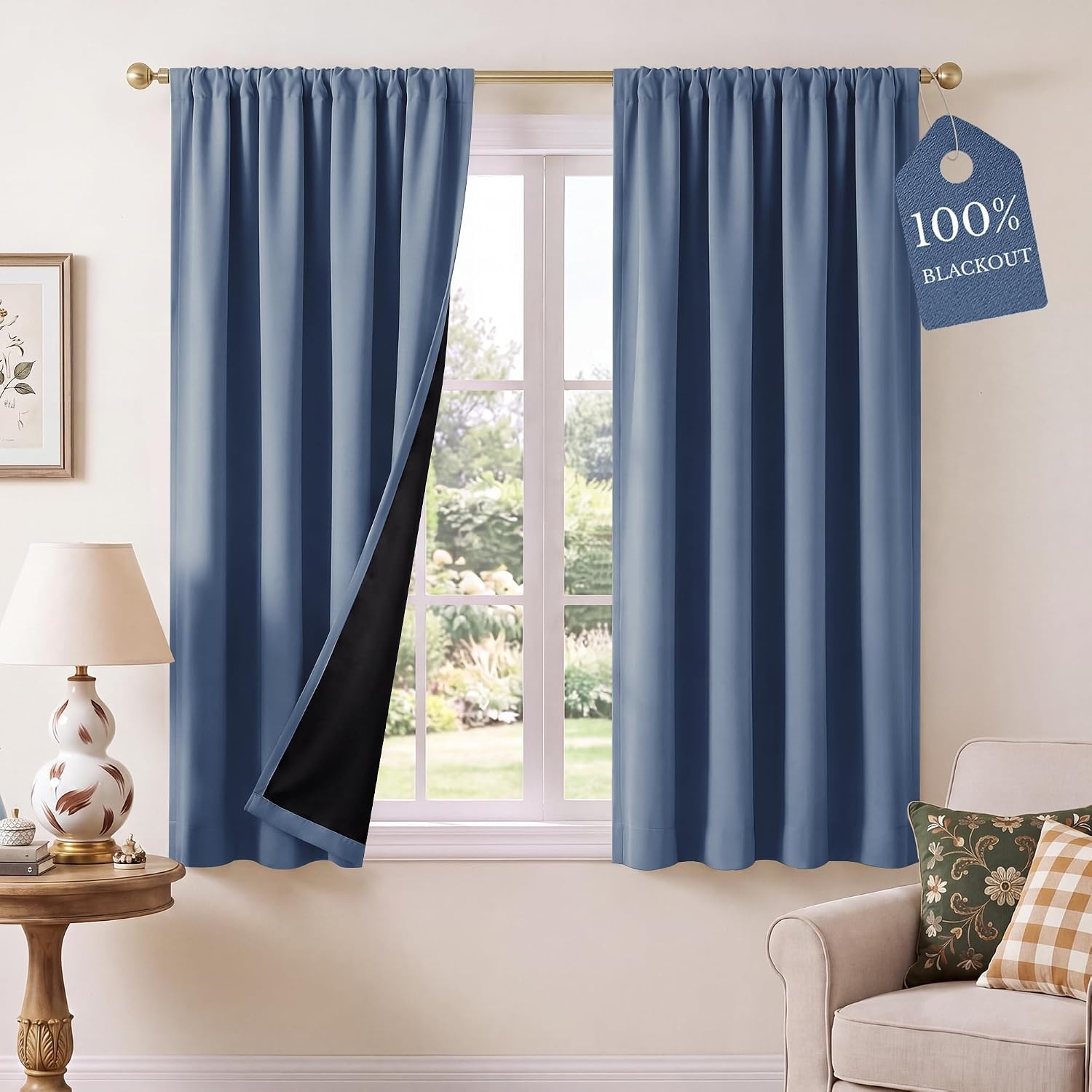 image:imageNICETOWN 100 Blackout Sage Green Curtains for Nursery Rod Pocket Thermal Drapes Room Darkening Window Treatment for Kids Room W52 x L54 2 PanelsStone Blue