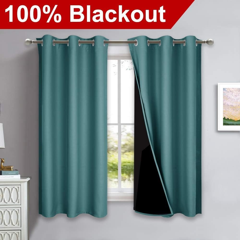 image:imageNICETOWN 100 Blackout Short Curtains with Black Liners 2 Panels 37 W by 50 L Sea Teal Solid Thermal Insulated Full Blackout 2Layer Lined Drapes Energy Efficiency Window Draperies for Bedroom