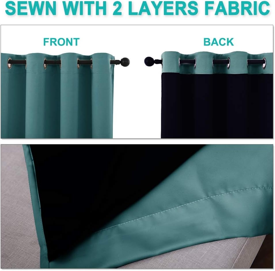 image:imageNICETOWN 100 Blackout Short Curtains with Black Liners 2 Panels 37 W by 50 L Sea Teal Solid Thermal Insulated Full Blackout 2Layer Lined Drapes Energy Efficiency Window Draperies for Bedroom