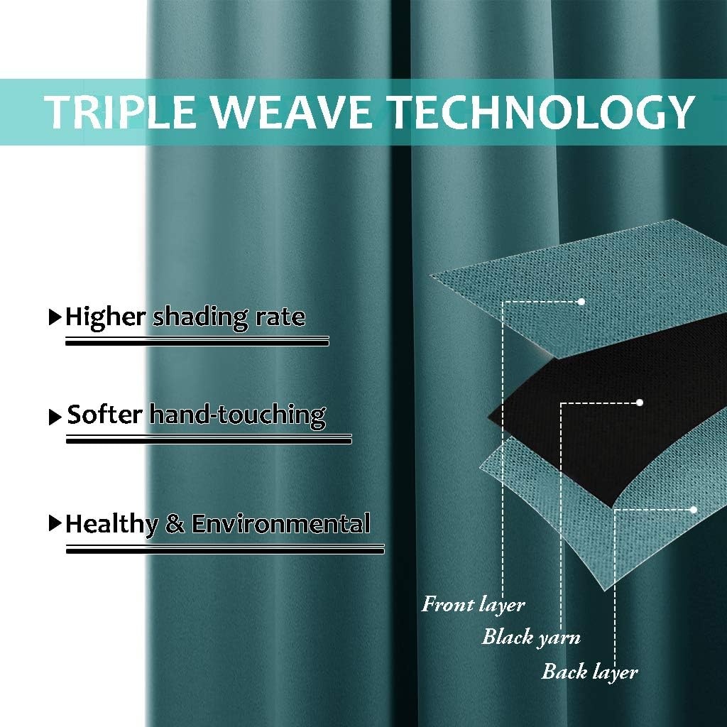 image:imageNICETOWN 100 Blackout Short Curtains with Black Liners 2 Panels 37 W by 50 L Sea Teal Solid Thermal Insulated Full Blackout 2Layer Lined Drapes Energy Efficiency Window Draperies for Bedroom