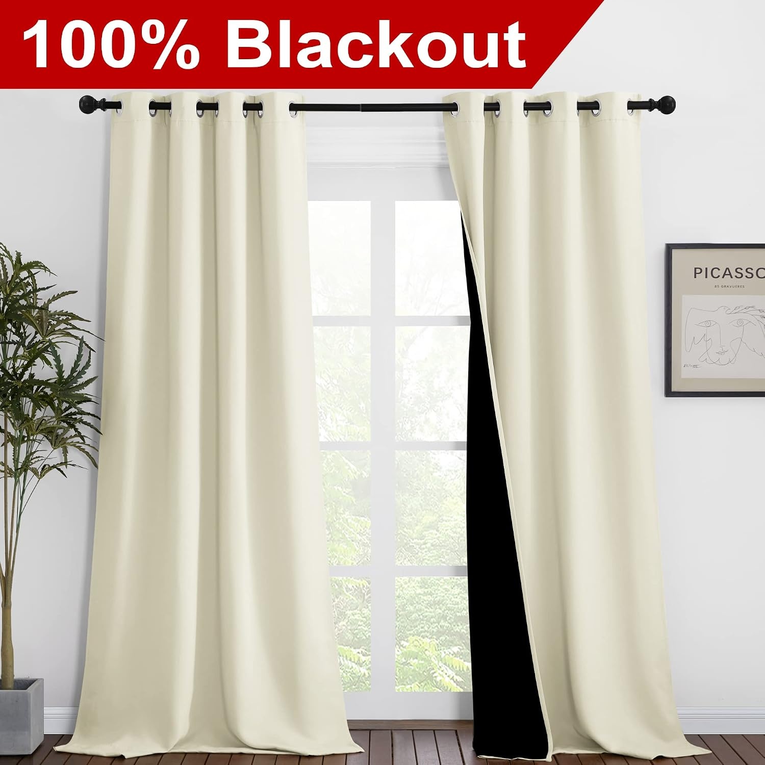 image:imageNICETOWN Beige Blackout Curtains for Patio 46 Wide x 90 Long 2 Panels