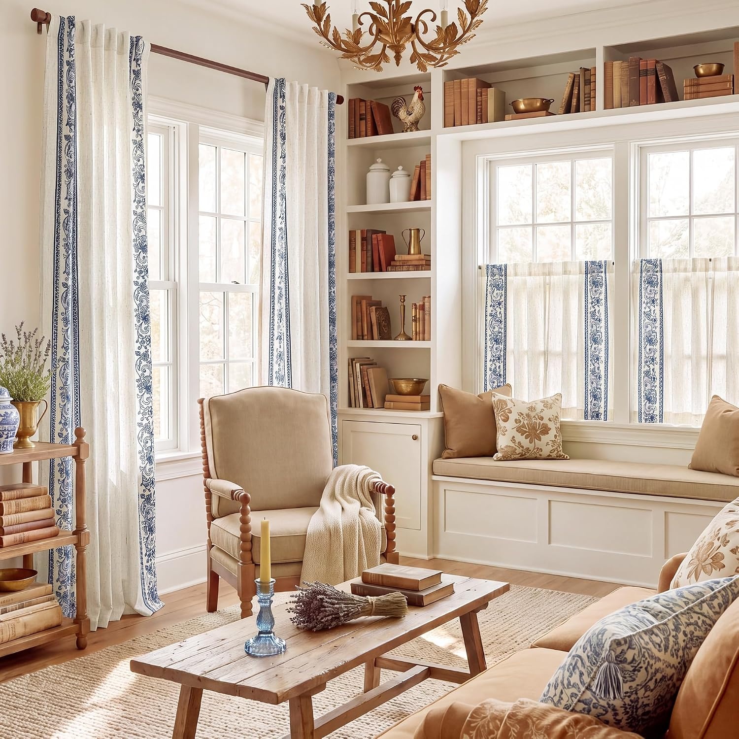 image:imageNICETOWN Embroidered Linen Curtains Ivory and White W52 x L84Garden Vine Embroidery Blue