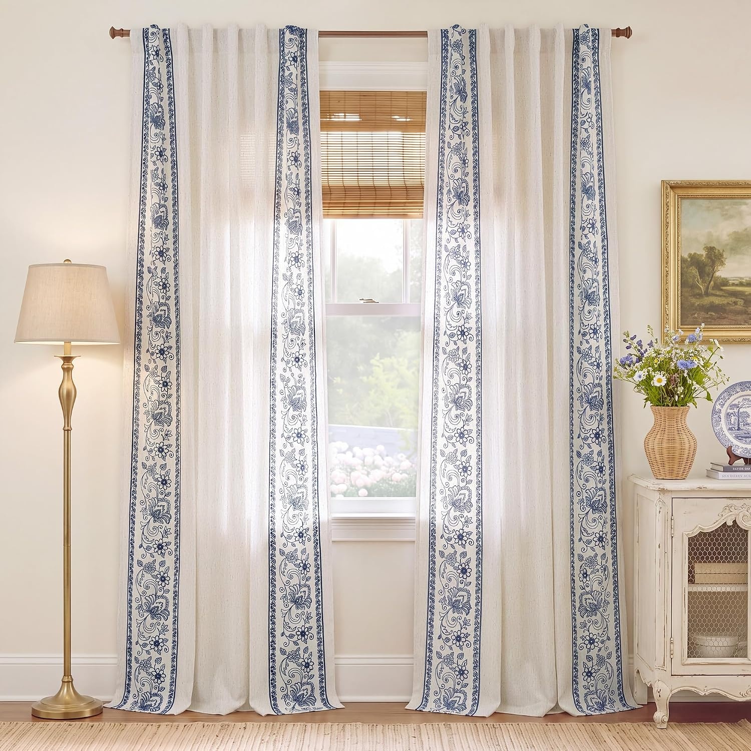image:imageNICETOWN Embroidered Linen Curtains Ivory and White W52 x L84Garden Vine Embroidery Blue