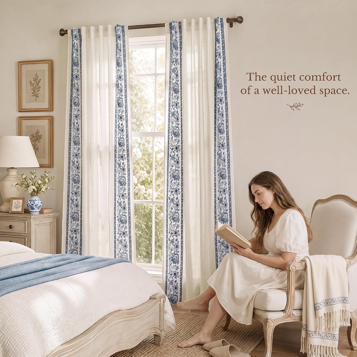 image:imageNICETOWN Embroidered Linen Curtains Ivory and White W52 x L84Garden Vine Embroidery Blue