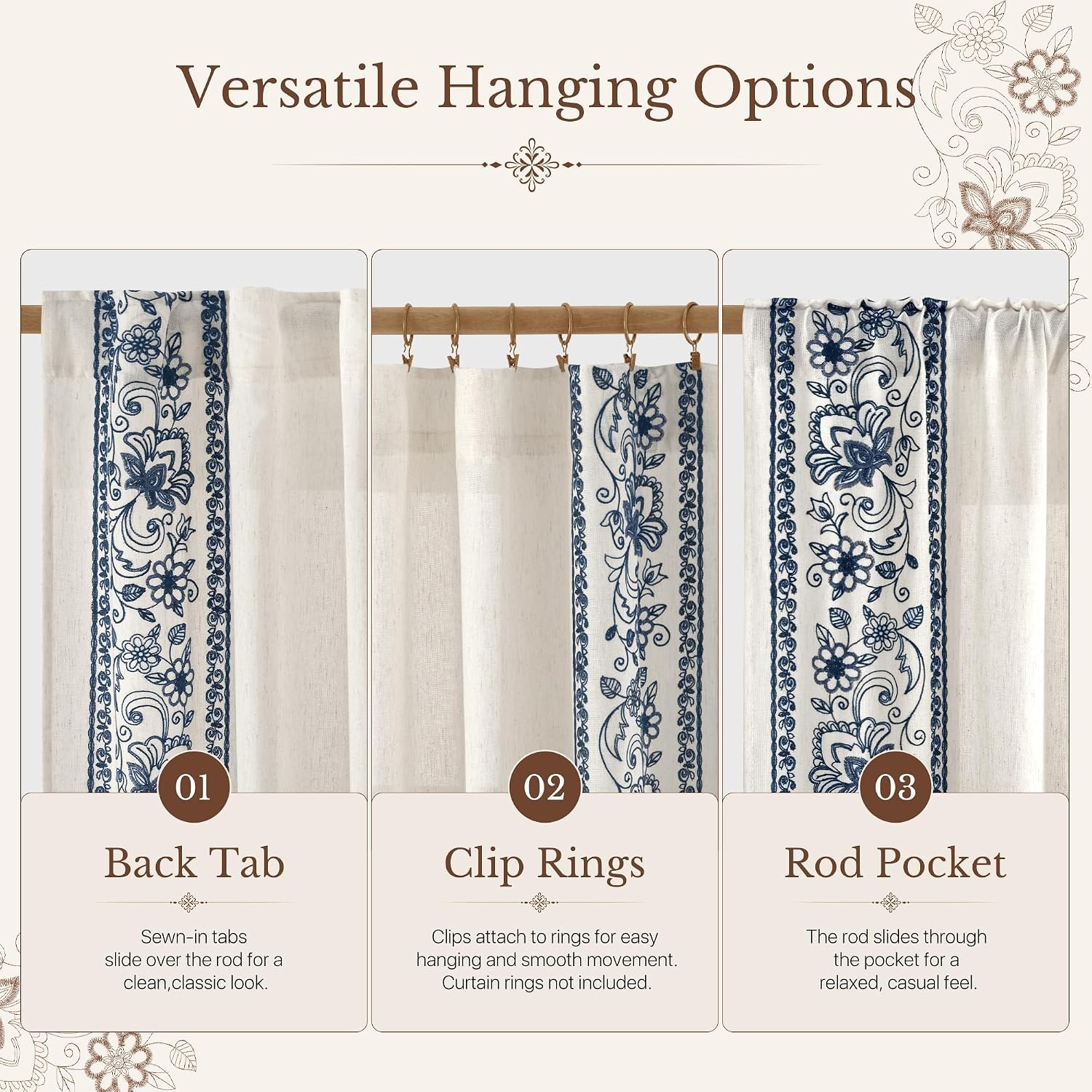 image:imageNICETOWN Embroidered Linen Curtains Ivory and White W52 x L84Garden Vine Embroidery Blue