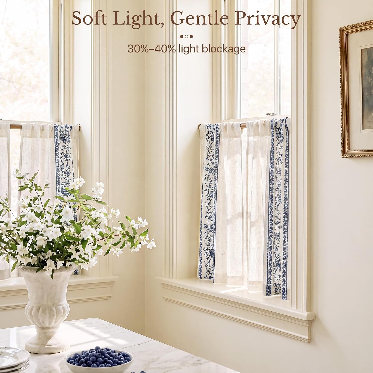 image:imageNICETOWN Embroidered Linen Curtains Ivory and White W52 x L84Garden Vine Embroidery Blue