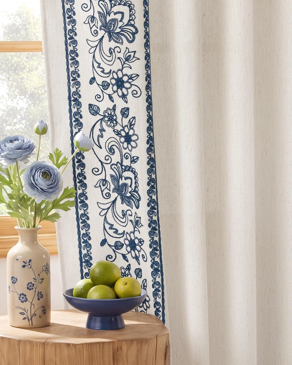image:imageNICETOWN Embroidered Linen Curtains Ivory and White W52 x L84Garden Vine Embroidery Blue