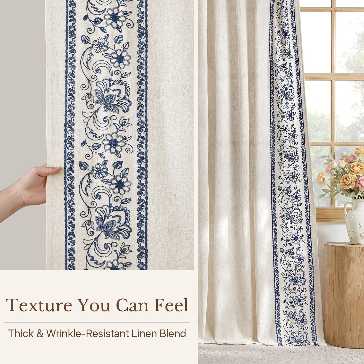 image:imageNICETOWN Embroidered Linen Curtains Ivory and White W52 x L84Garden Vine Embroidery Blue