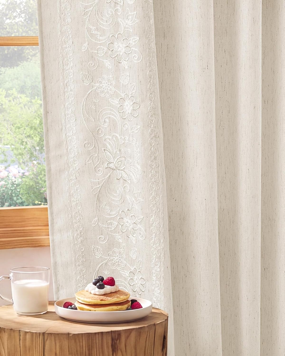 image:imageNICETOWN Embroidered Linen Curtains Ivory and White W52 x L84Garden Vine Embroidery Ivory
