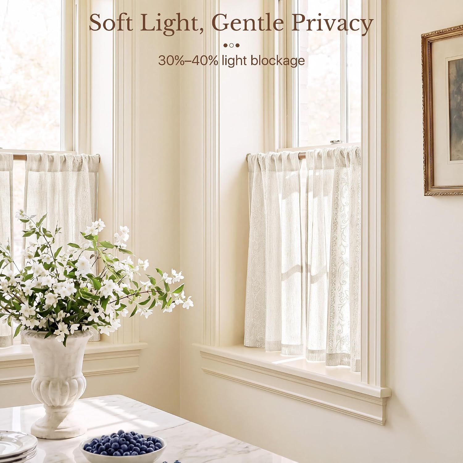 image:imageNICETOWN Embroidered Linen Curtains Ivory and White W52 x L84Garden Vine Embroidery Ivory