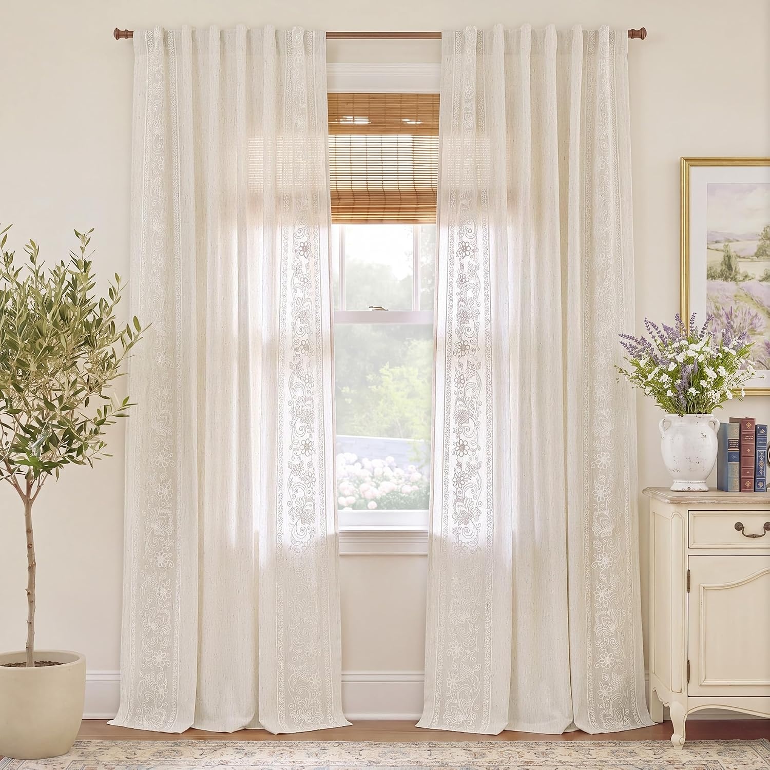 image:imageNICETOWN Embroidered Linen Curtains Ivory and White W52 x L84Garden Vine Embroidery Ivory