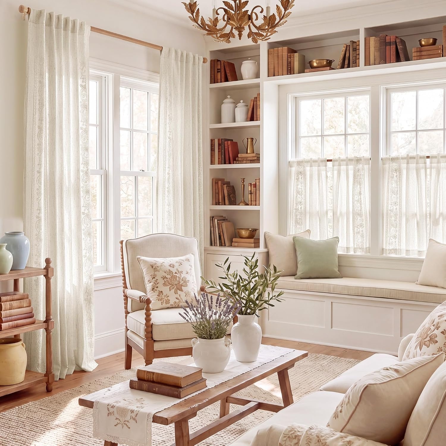 image:imageNICETOWN Embroidered Linen Curtains Ivory and White W52 x L84Garden Vine Embroidery Ivory