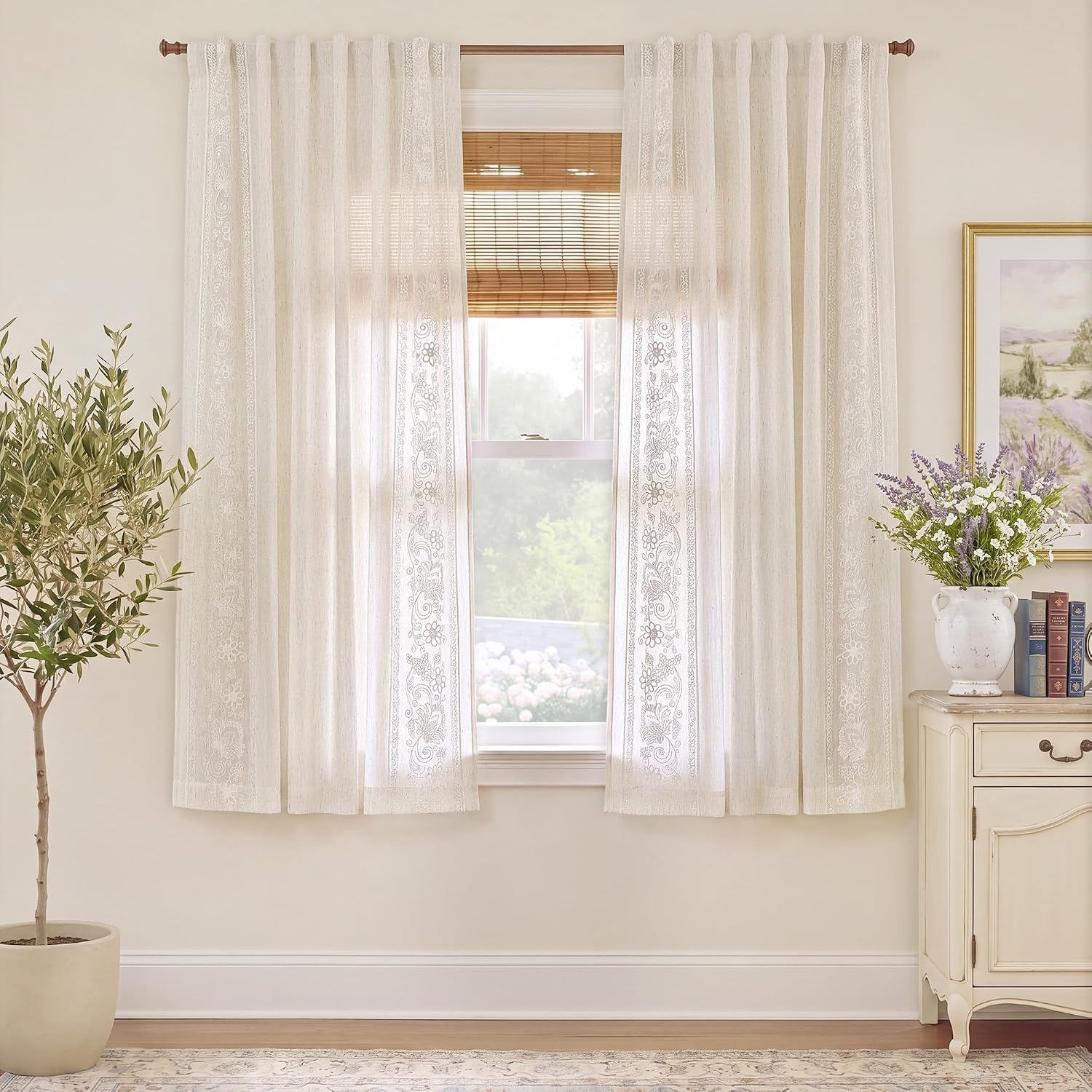 image:imageNICETOWN Embroidered Linen Curtains Ivory and White W52 x L84Garden Vine Embroidery Ivory