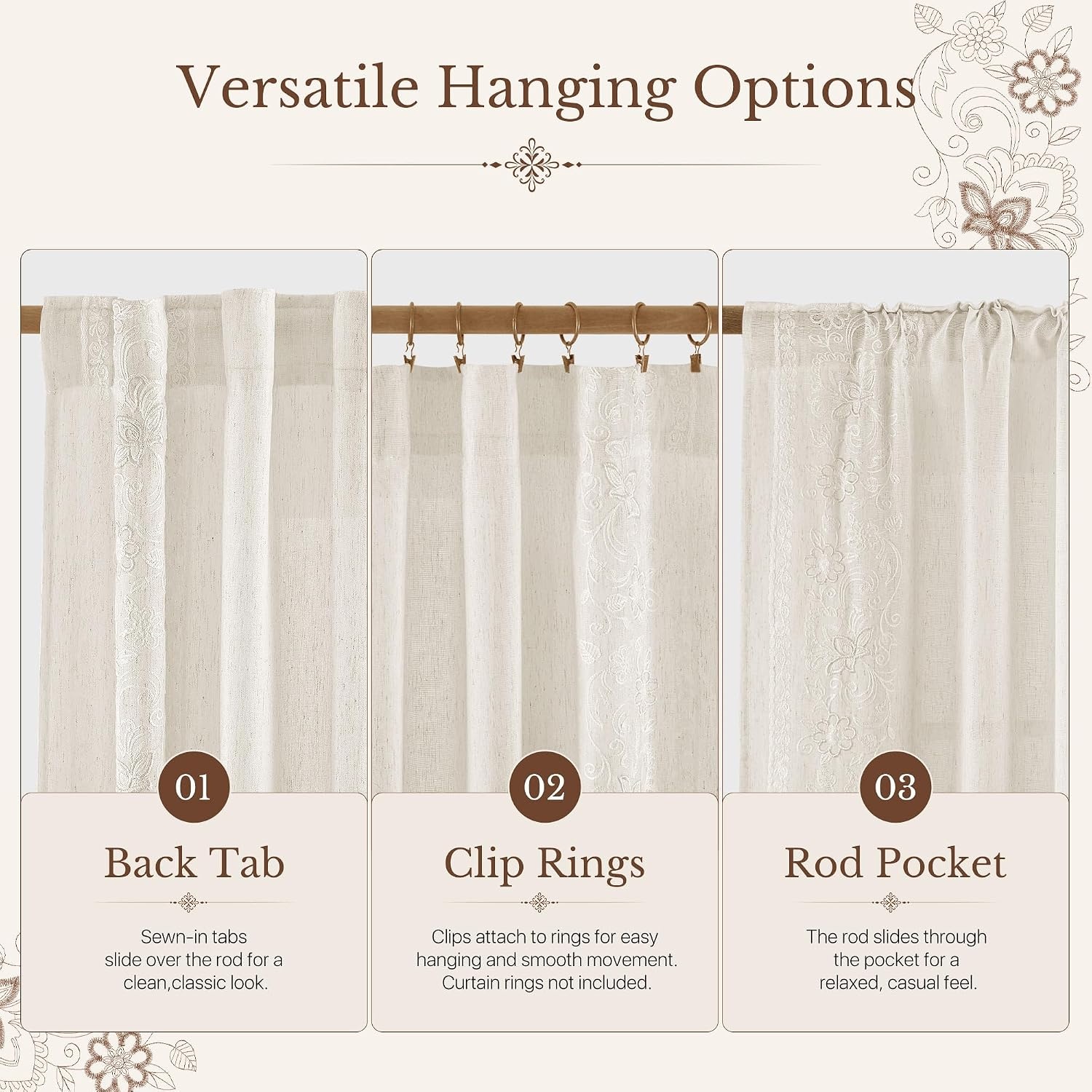 image:imageNICETOWN Embroidered Linen Curtains Ivory and White W52 x L84Garden Vine Embroidery Ivory
