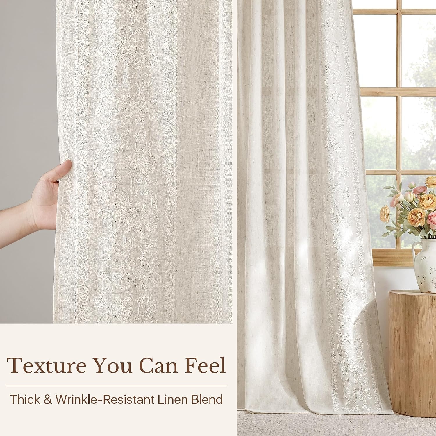 image:imageNICETOWN Embroidered Linen Curtains Ivory and White W52 x L84Garden Vine Embroidery Ivory