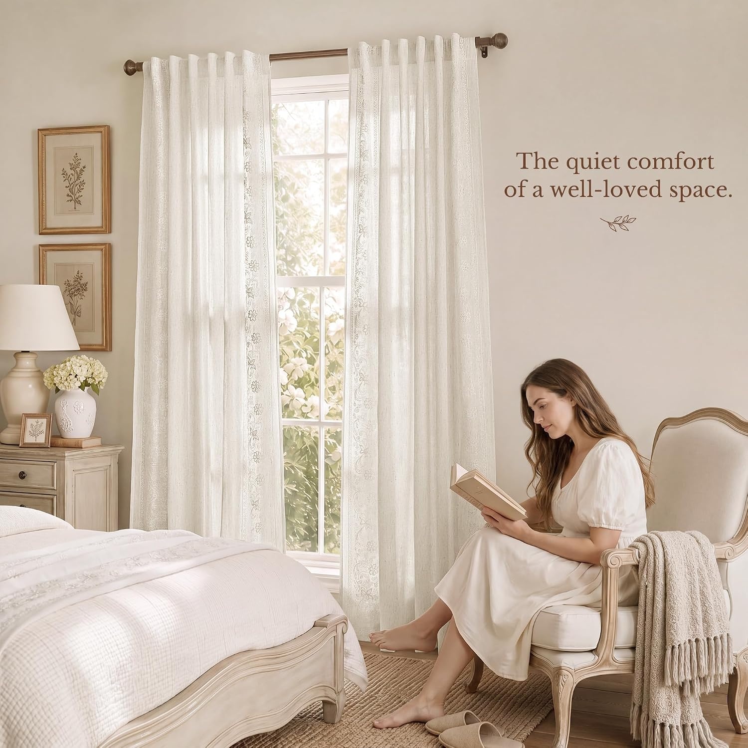 image:imageNICETOWN Embroidered Linen Curtains Ivory and White W52 x L84Garden Vine Embroidery Ivory