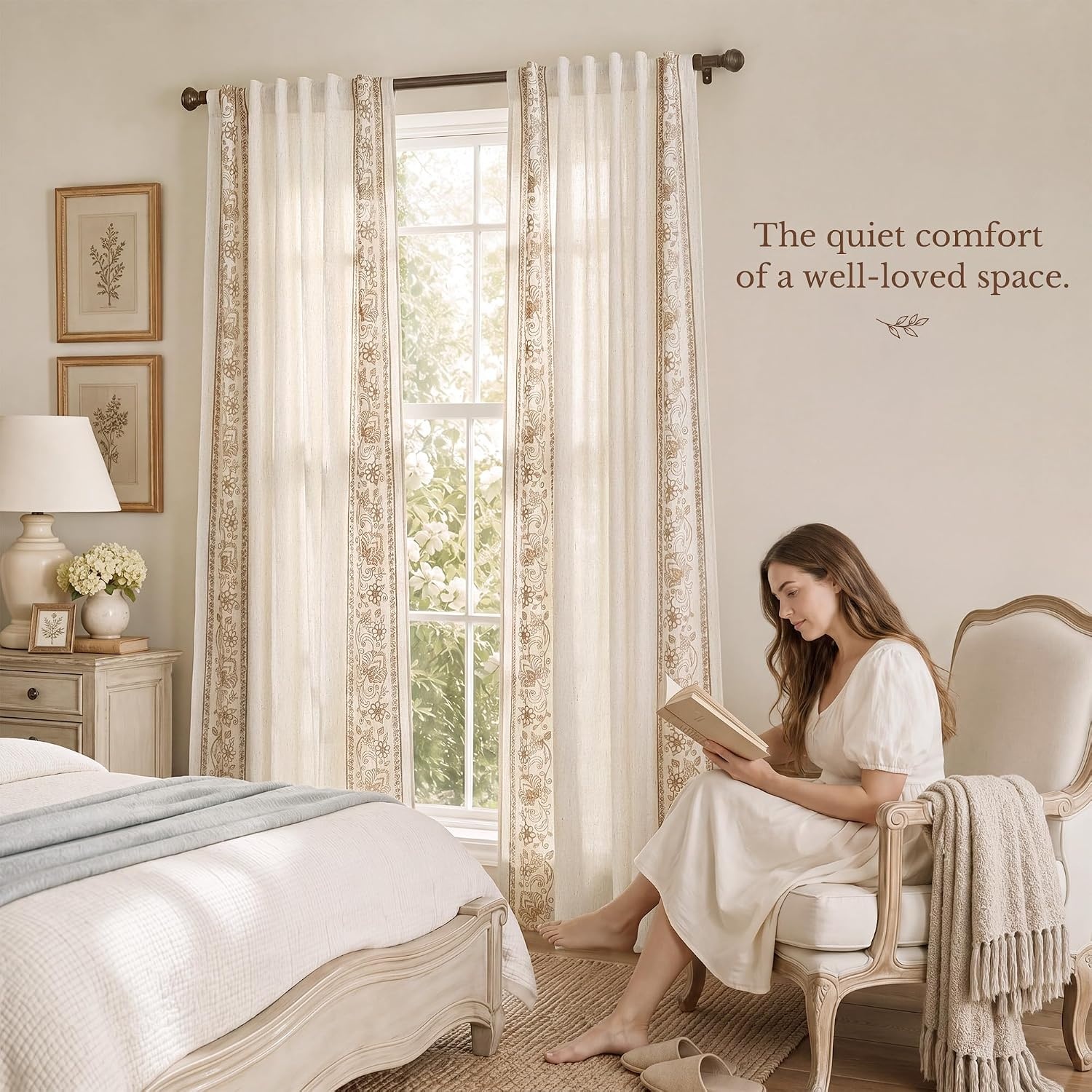 image:imageNICETOWN Embroidered Linen Curtains Ivory and White W52 x L84Garden Vine Embroidery Taupe