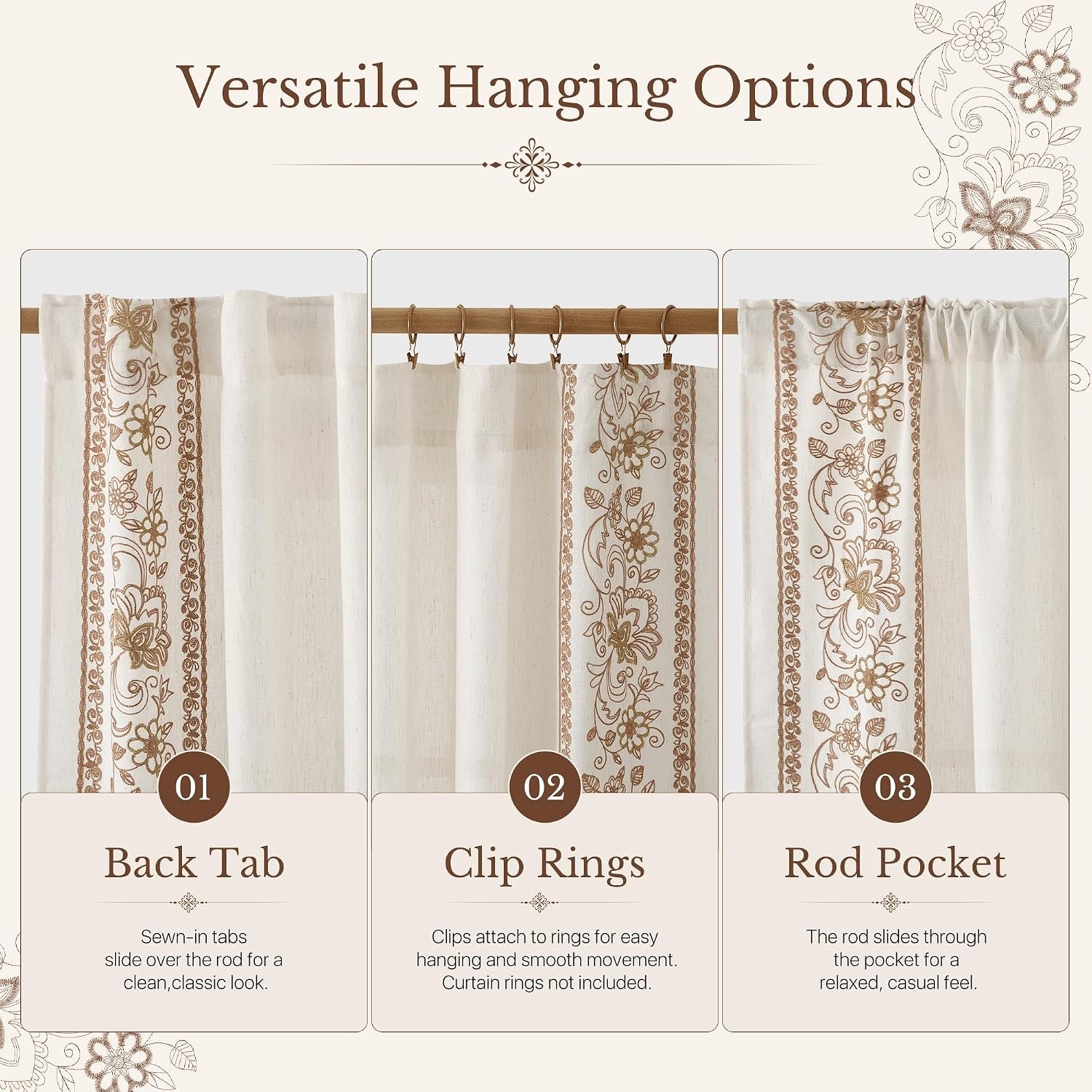 image:imageNICETOWN Embroidered Linen Curtains Ivory and White W52 x L84Garden Vine Embroidery Taupe