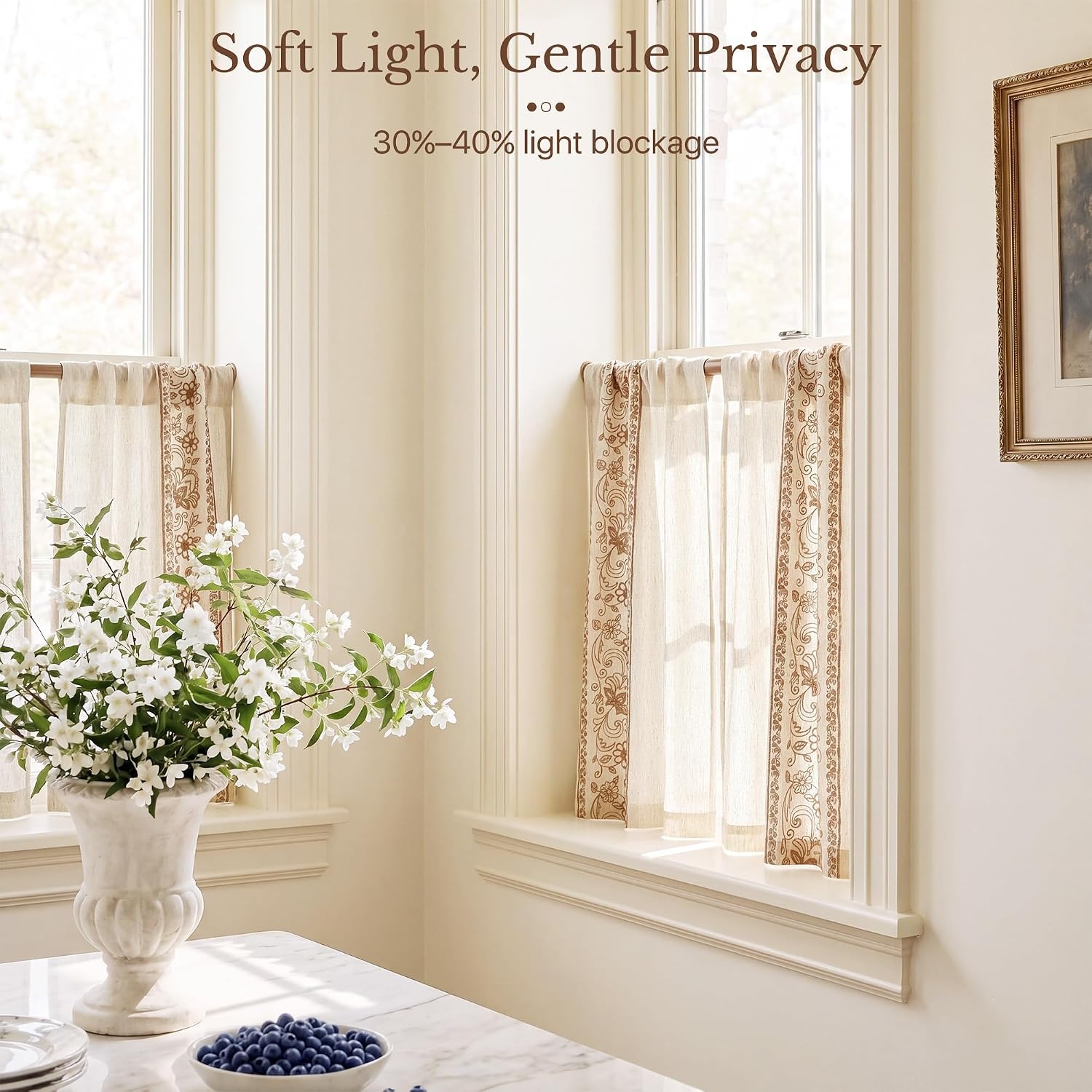 image:imageNICETOWN Embroidered Linen Curtains Ivory and White W52 x L84Garden Vine Embroidery Taupe
