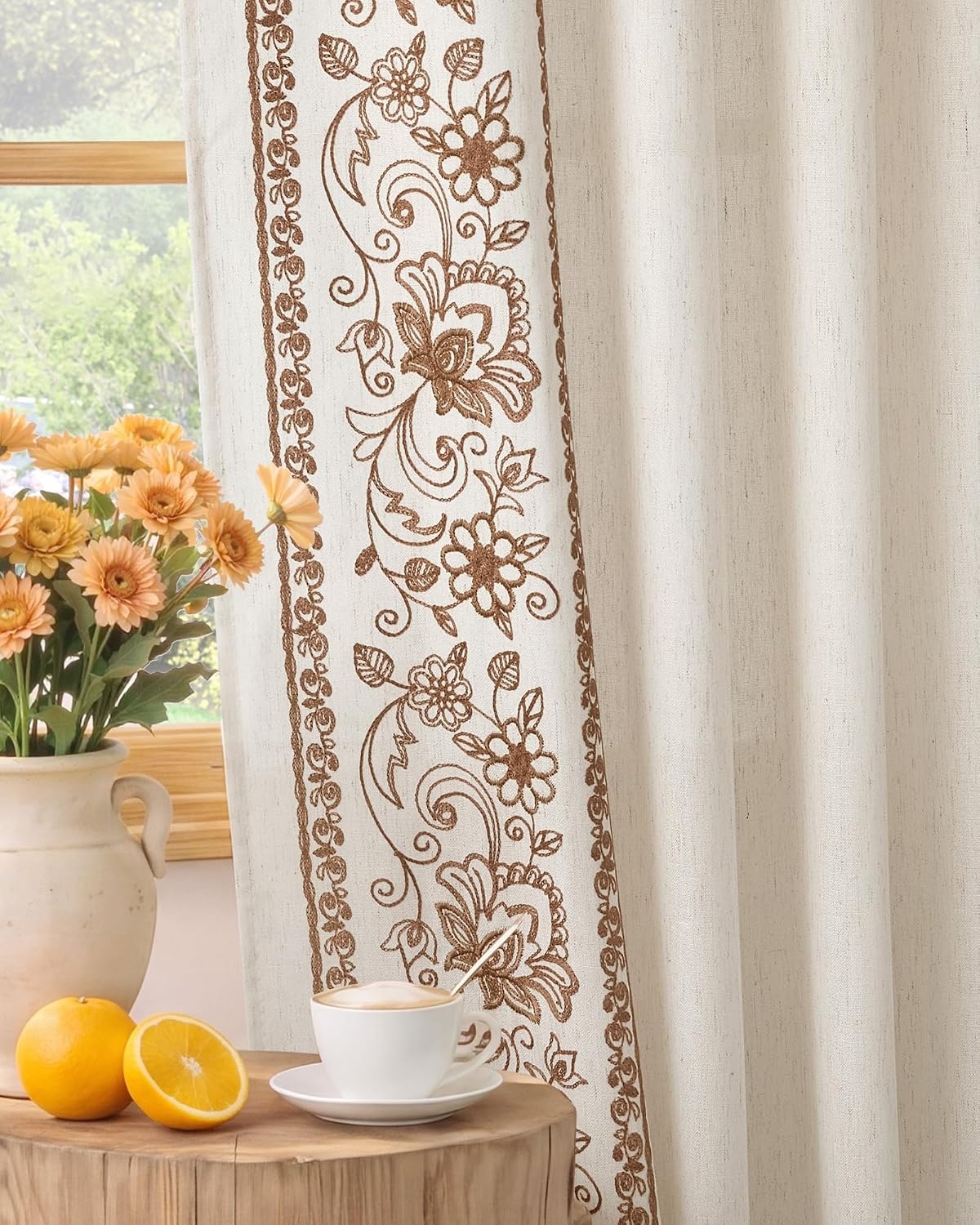image:imageNICETOWN Embroidered Linen Curtains Ivory and White W52 x L84Garden Vine Embroidery Taupe