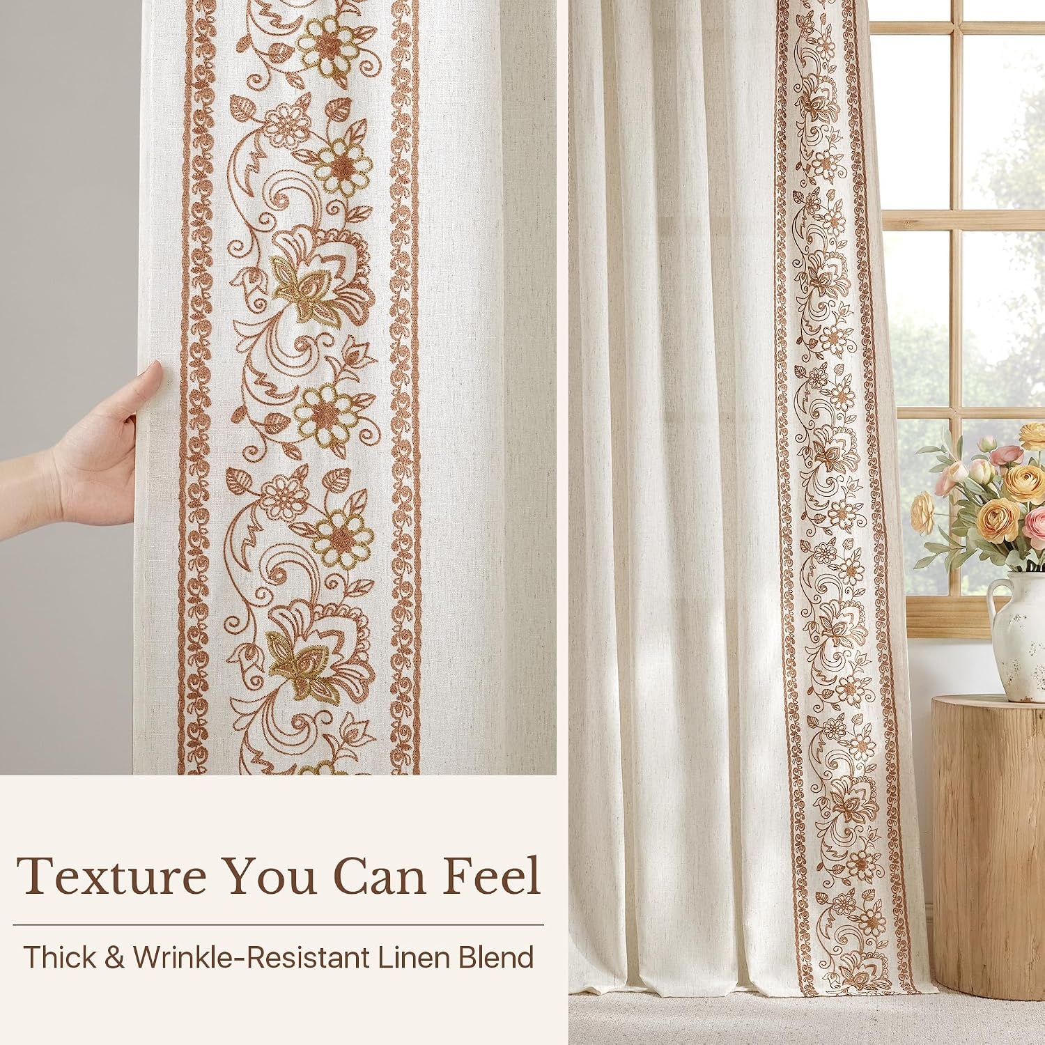 image:imageNICETOWN Embroidered Linen Curtains Ivory and White W52 x L84Garden Vine Embroidery Taupe