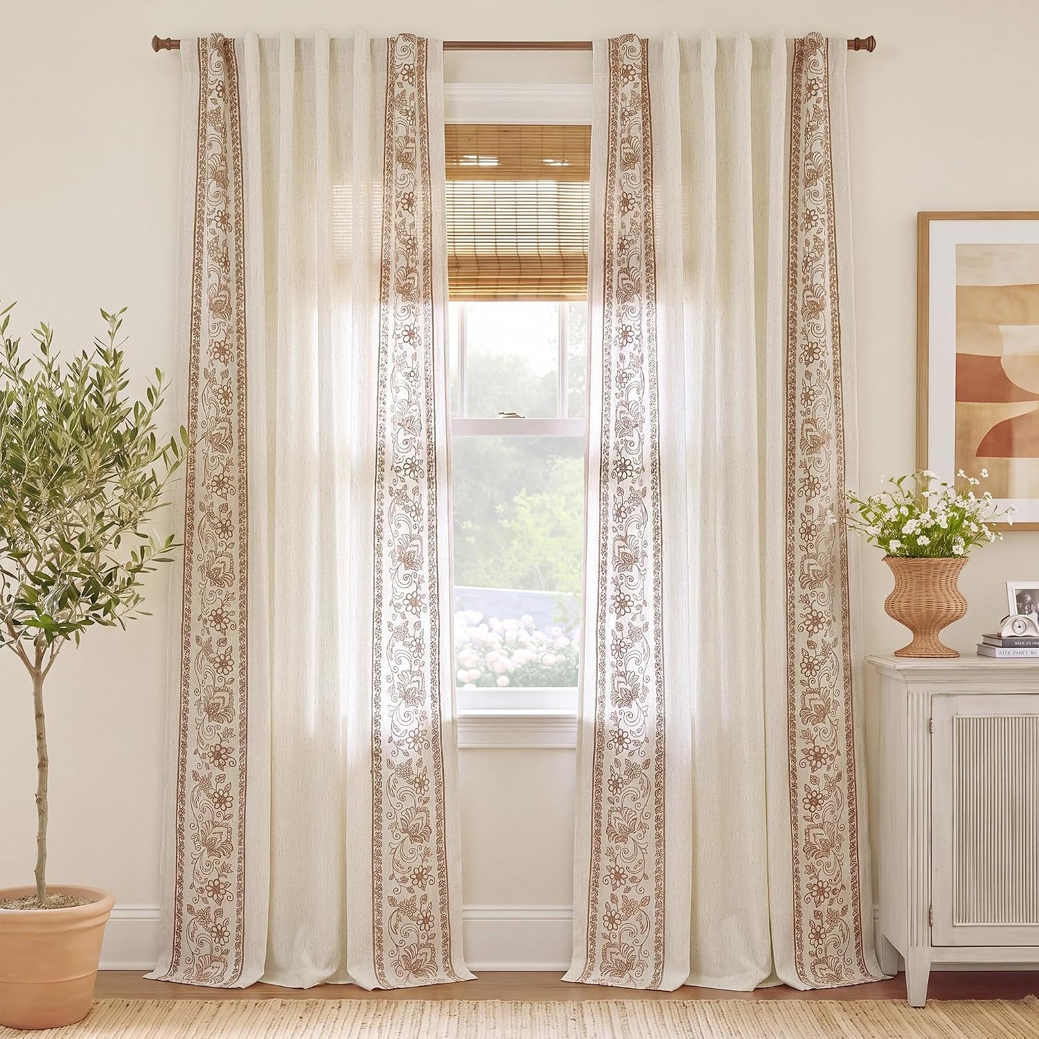 image:imageNICETOWN Embroidered Linen Curtains Ivory and White W52 x L84Garden Vine Embroidery Taupe