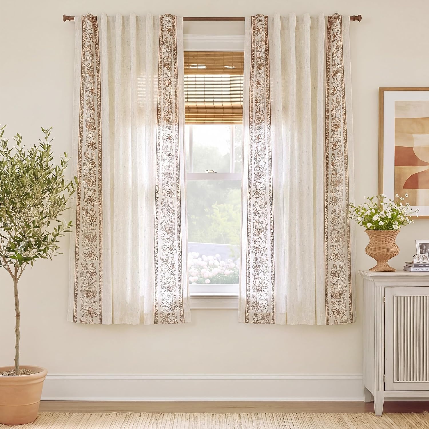 image:imageNICETOWN Embroidered Linen Curtains Ivory and White W52 x L84Garden Vine Embroidery Taupe