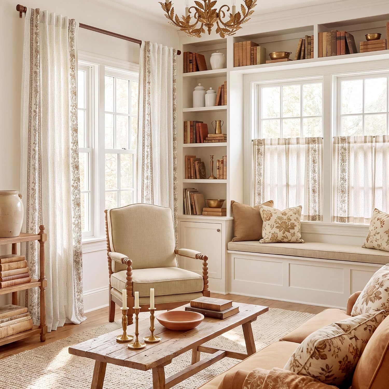 image:imageNICETOWN Embroidered Linen Curtains Ivory and White W52 x L84Garden Vine Embroidery Taupe