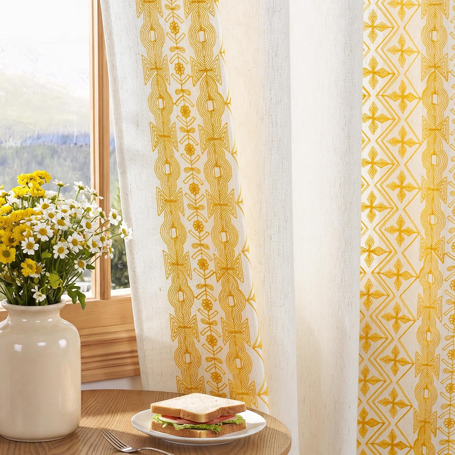 image:imageNICETOWN Embroidered Linen Curtains Ivory and White W52 x L84Nordic Geo Embroidery Gold