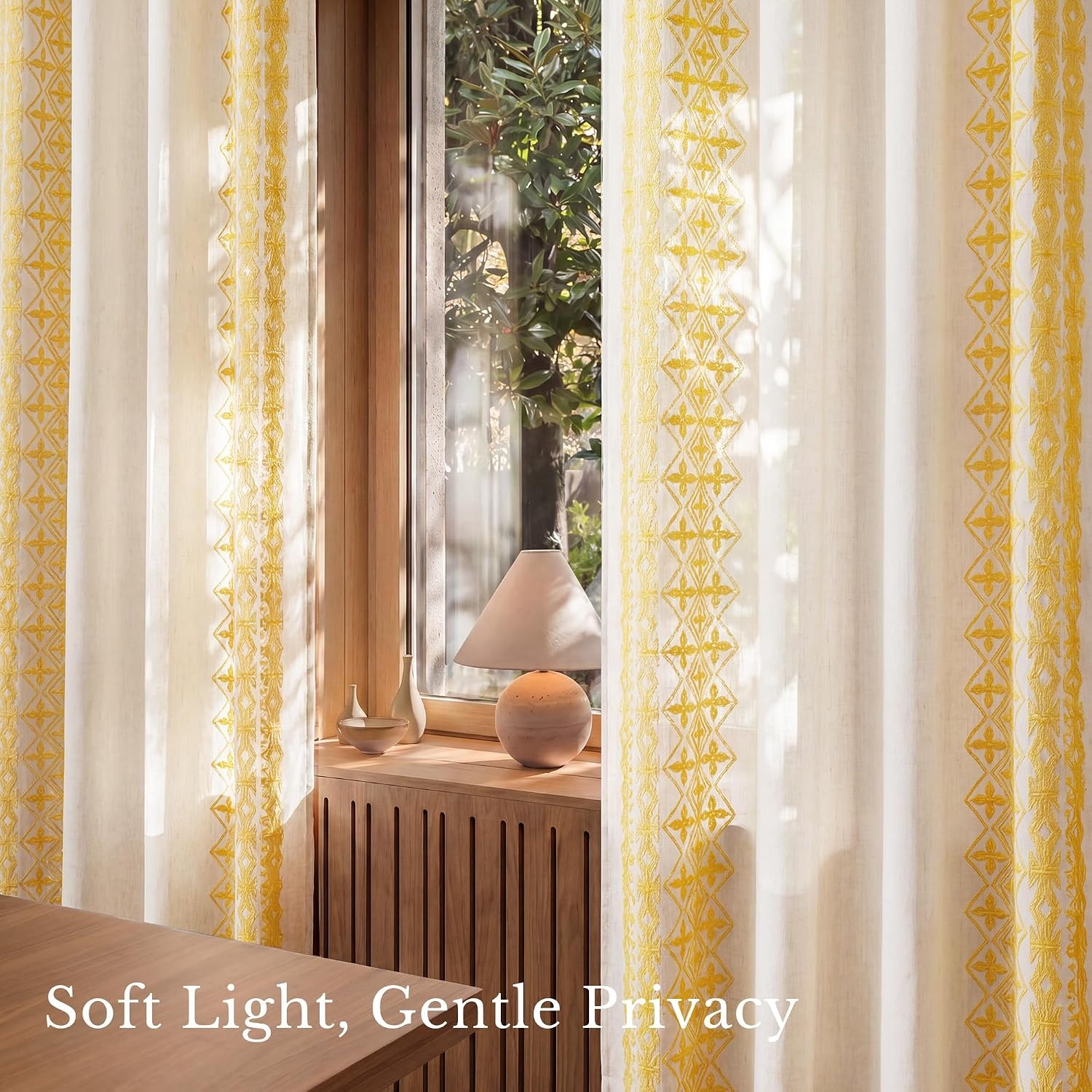 image:imageNICETOWN Embroidered Linen Curtains Ivory and White W52 x L84Nordic Geo Embroidery Gold