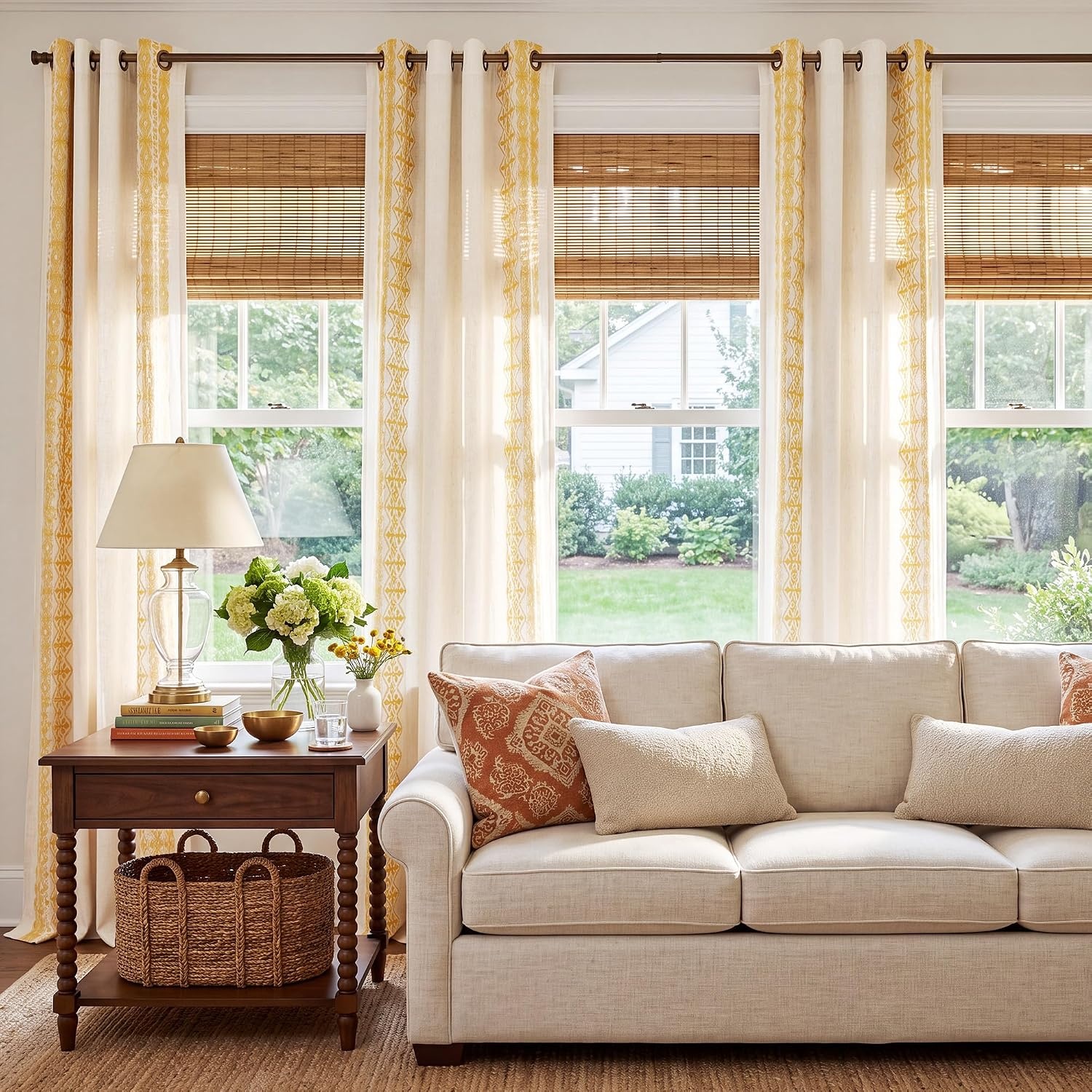 image:imageNICETOWN Embroidered Linen Curtains Ivory and White W52 x L84Nordic Geo Embroidery Gold
