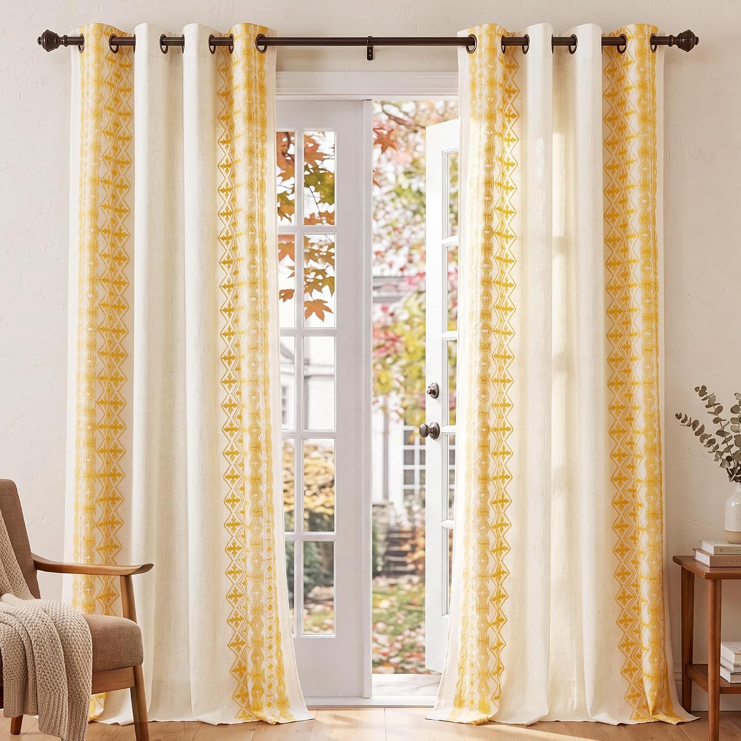 image:imageNICETOWN Embroidered Linen Curtains Ivory and White W52 x L84Nordic Geo Embroidery Gold