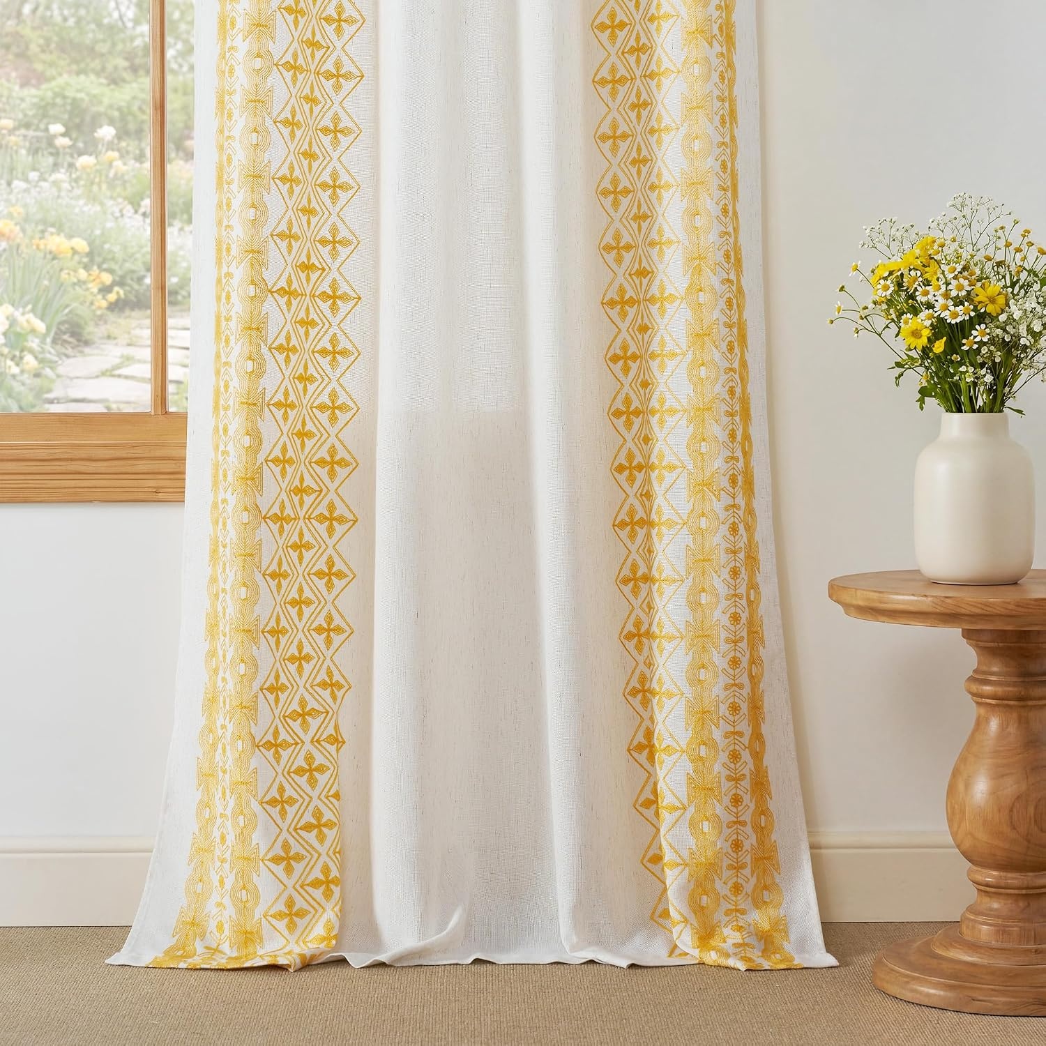 image:imageNICETOWN Embroidered Linen Curtains Ivory and White W52 x L84Nordic Geo Embroidery Gold