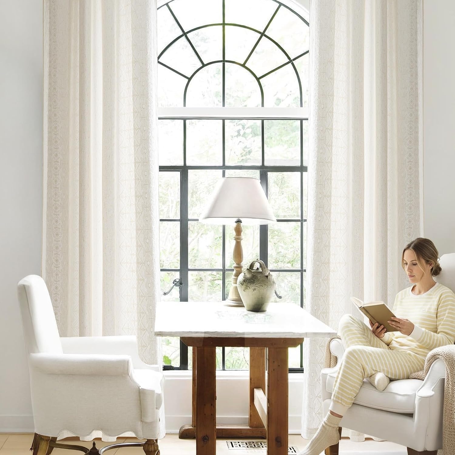 image:imageNICETOWN Embroidered Linen Curtains Ivory and White W52 x L84Nordic Geo Embroidery Ivory White