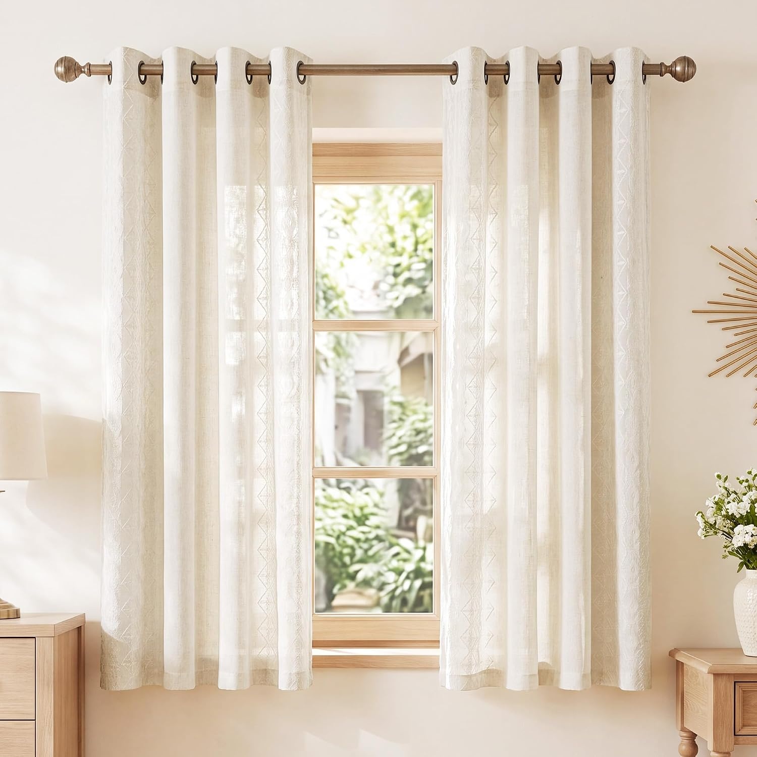 image:imageNICETOWN Embroidered Linen Curtains Ivory and White W52 x L84Nordic Geo Embroidery Ivory White