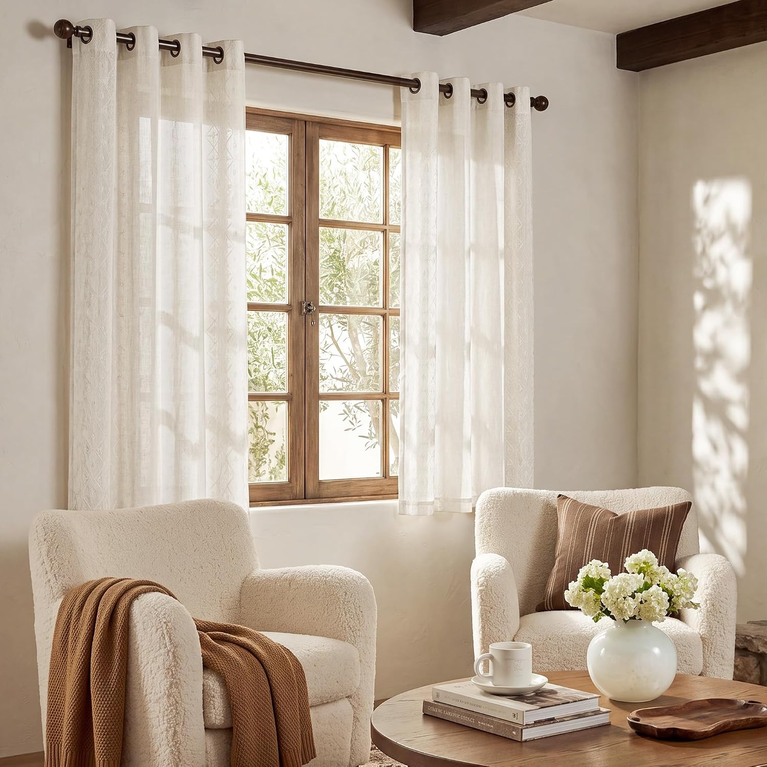 image:imageNICETOWN Embroidered Linen Curtains Ivory and White W52 x L84Nordic Geo Embroidery Ivory White