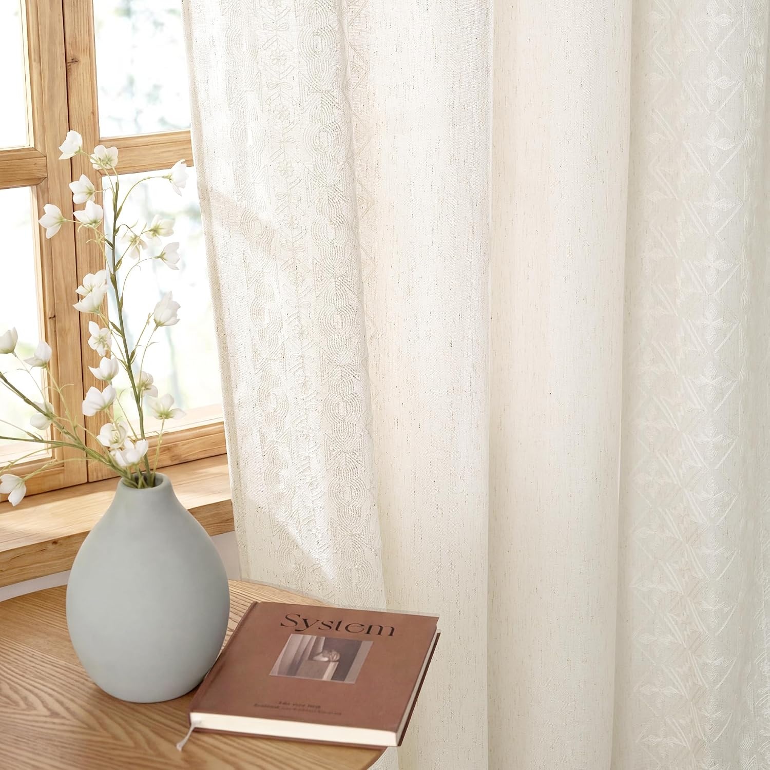 image:imageNICETOWN Embroidered Linen Curtains Ivory and White W52 x L84Nordic Geo Embroidery Ivory White