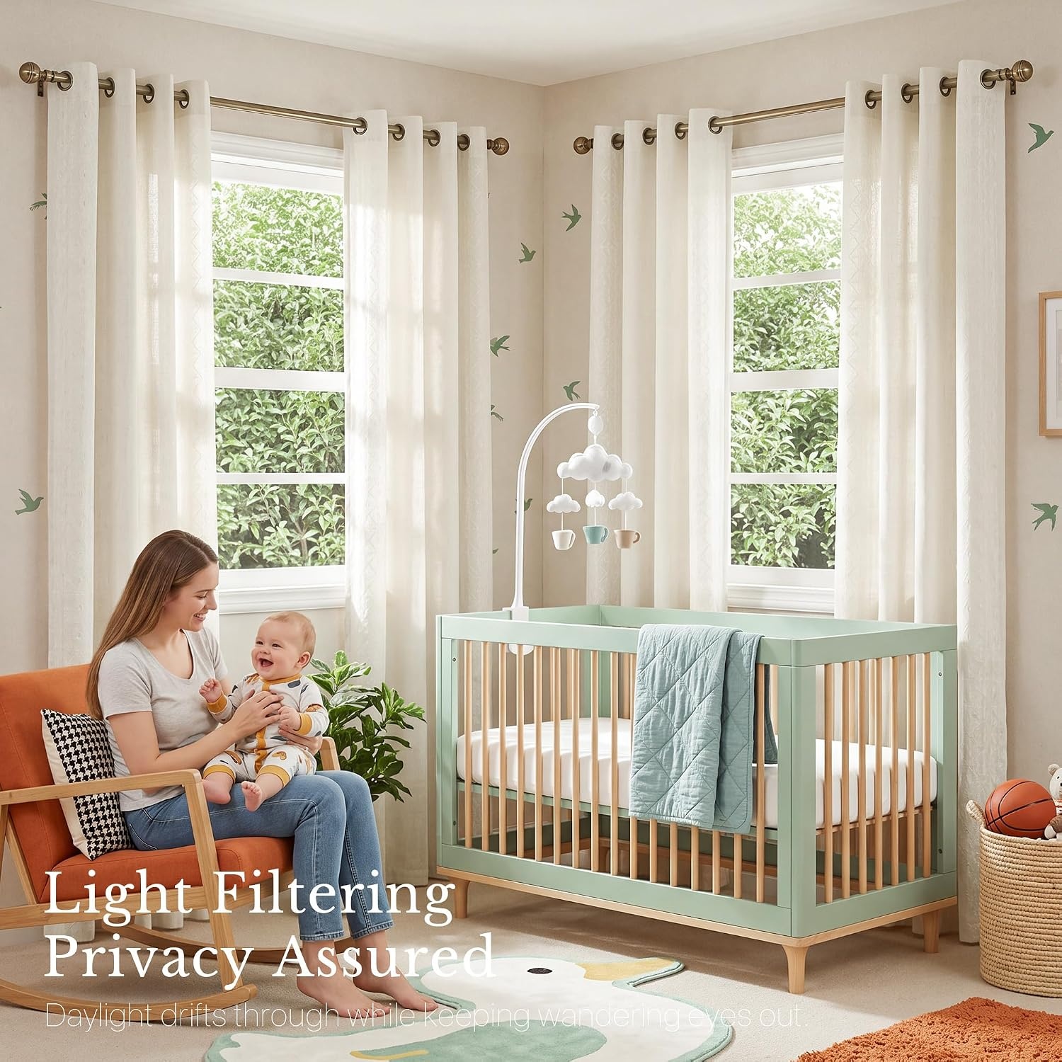 image:imageNICETOWN Embroidered Linen Curtains Ivory and White W52 x L84Nordic Geo Embroidery Ivory White