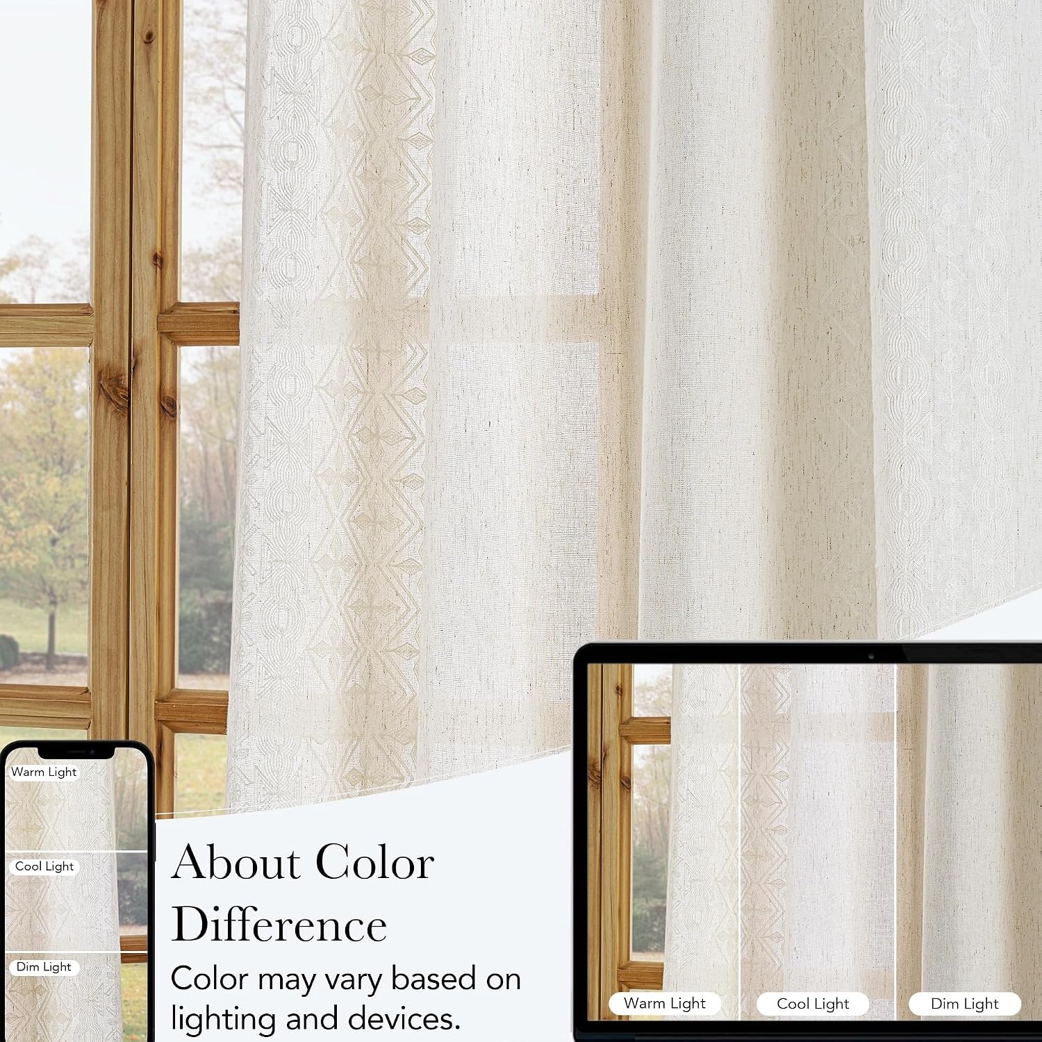 image:imageNICETOWN Embroidered Linen Curtains Ivory and White W52 x L84Nordic Geo Embroidery Ivory White