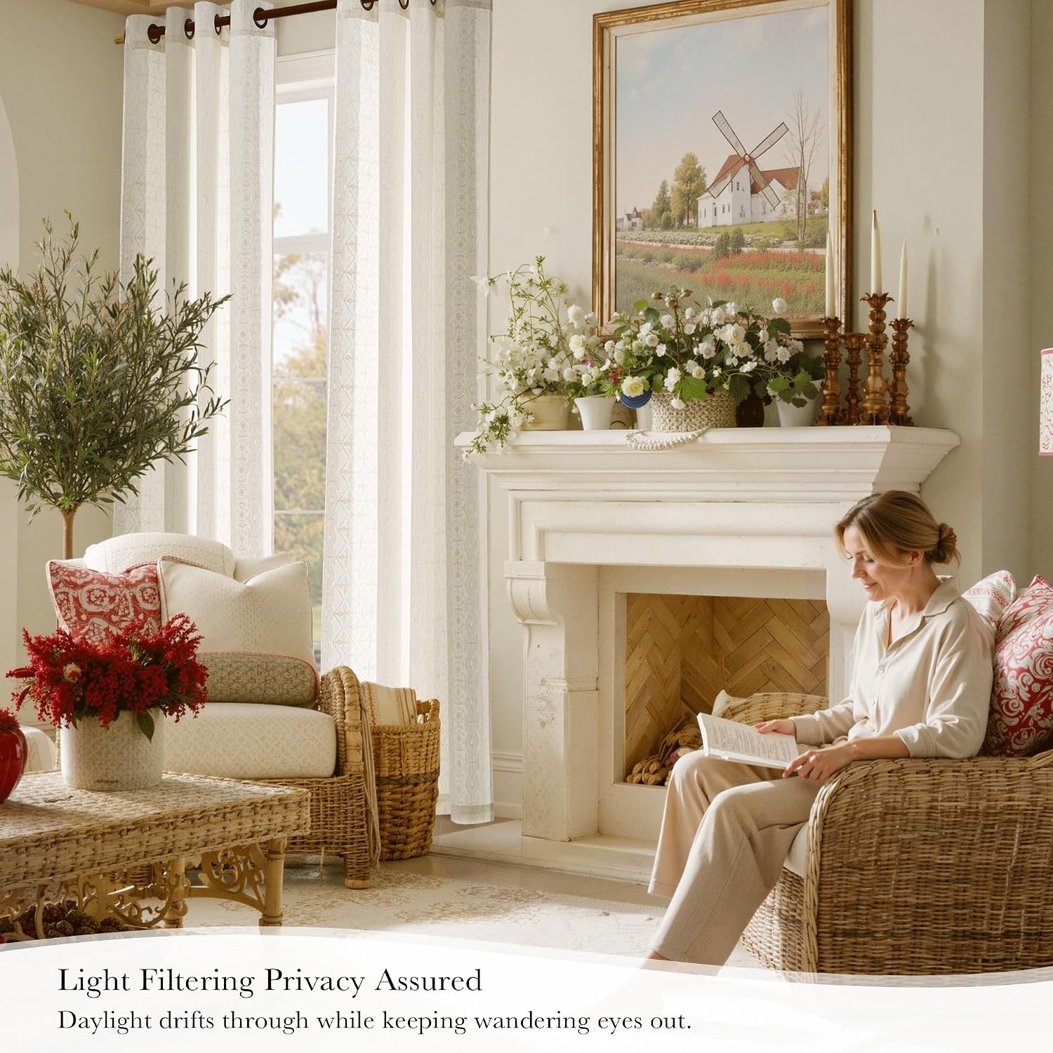 image:imageNICETOWN Embroidered Linen Curtains Ivory and White W52 x L84Nordic Geo Embroidery Ivory White