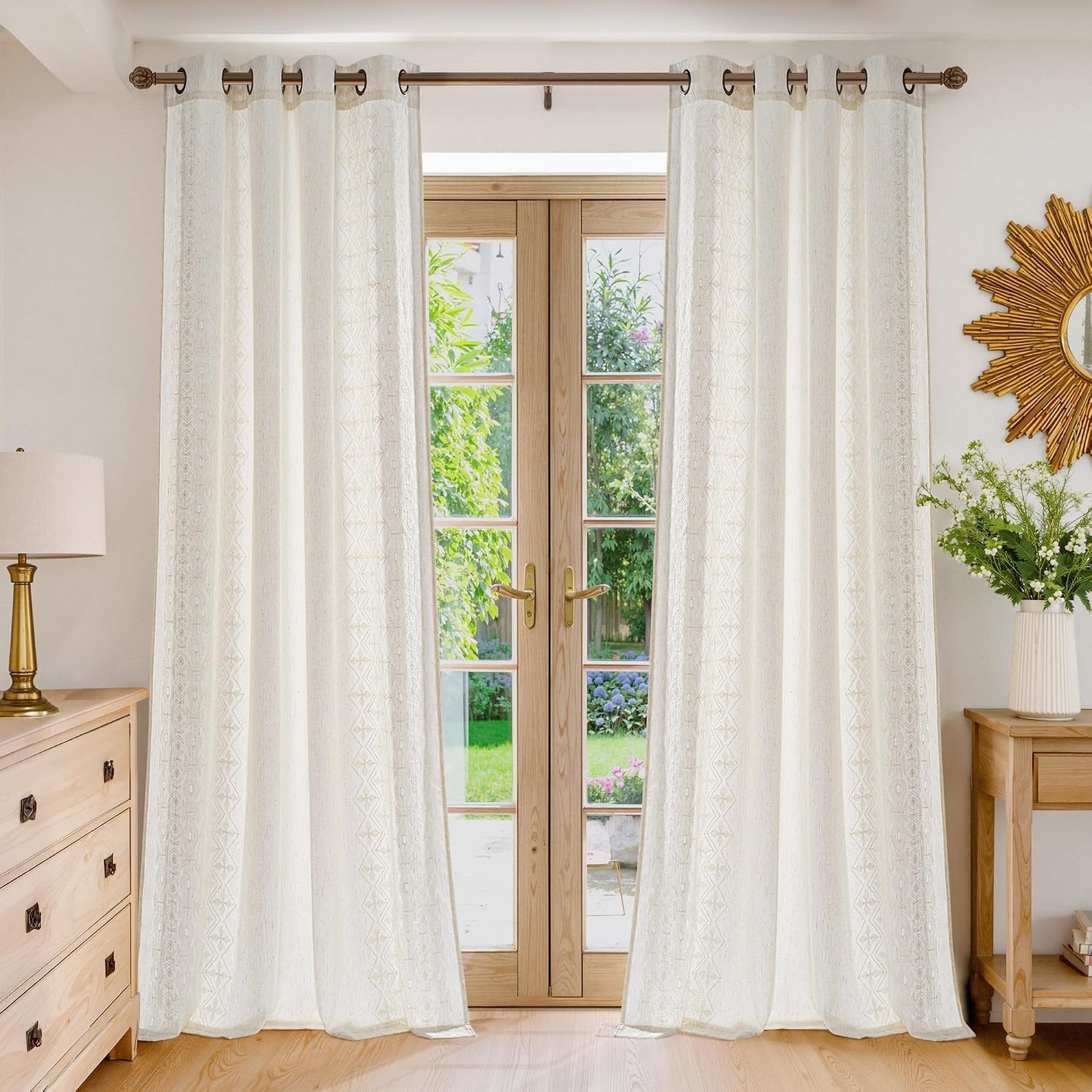 image:imageNICETOWN Embroidered Linen Curtains Ivory and White W52 x L84Nordic Geo Embroidery Ivory White