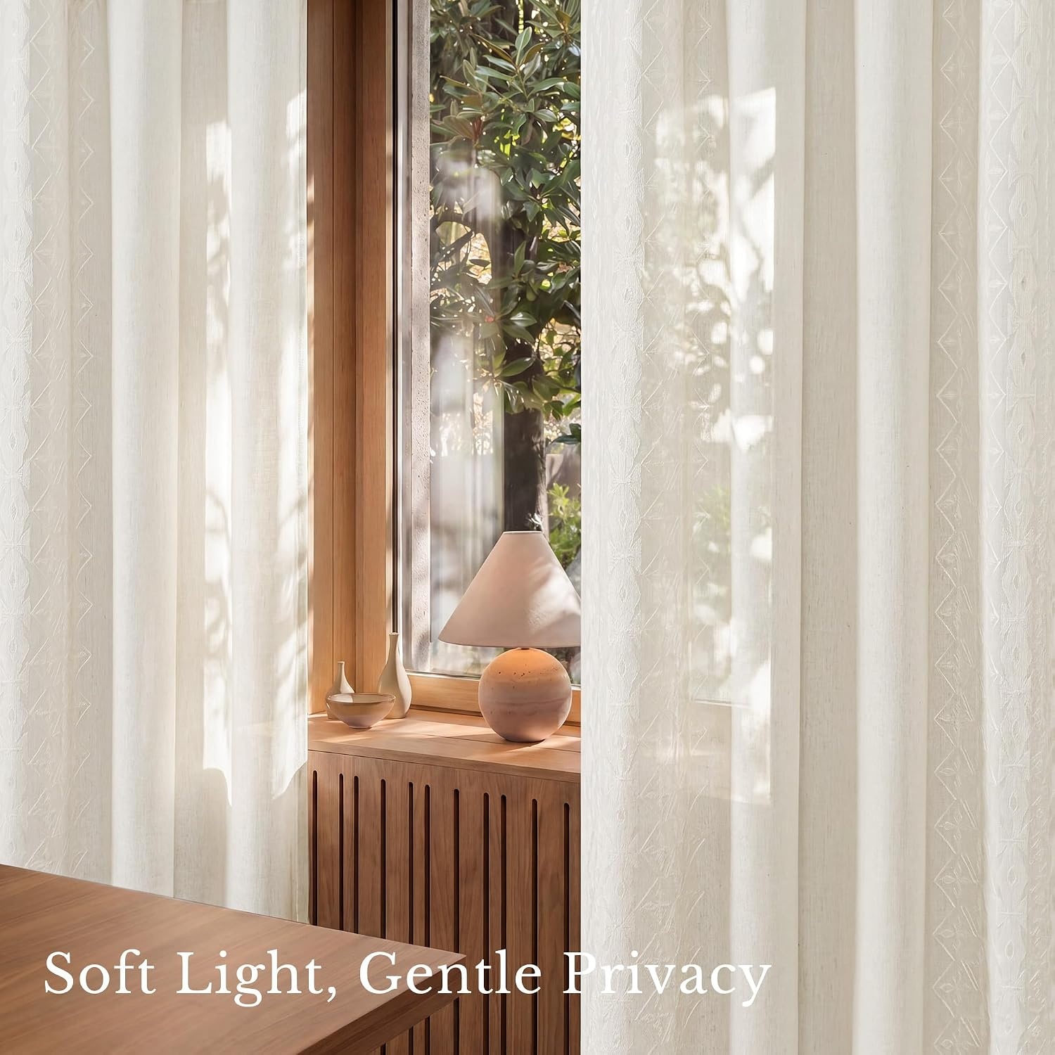 image:imageNICETOWN Embroidered Linen Curtains Ivory and White W52 x L84Nordic Geo Embroidery Ivory White