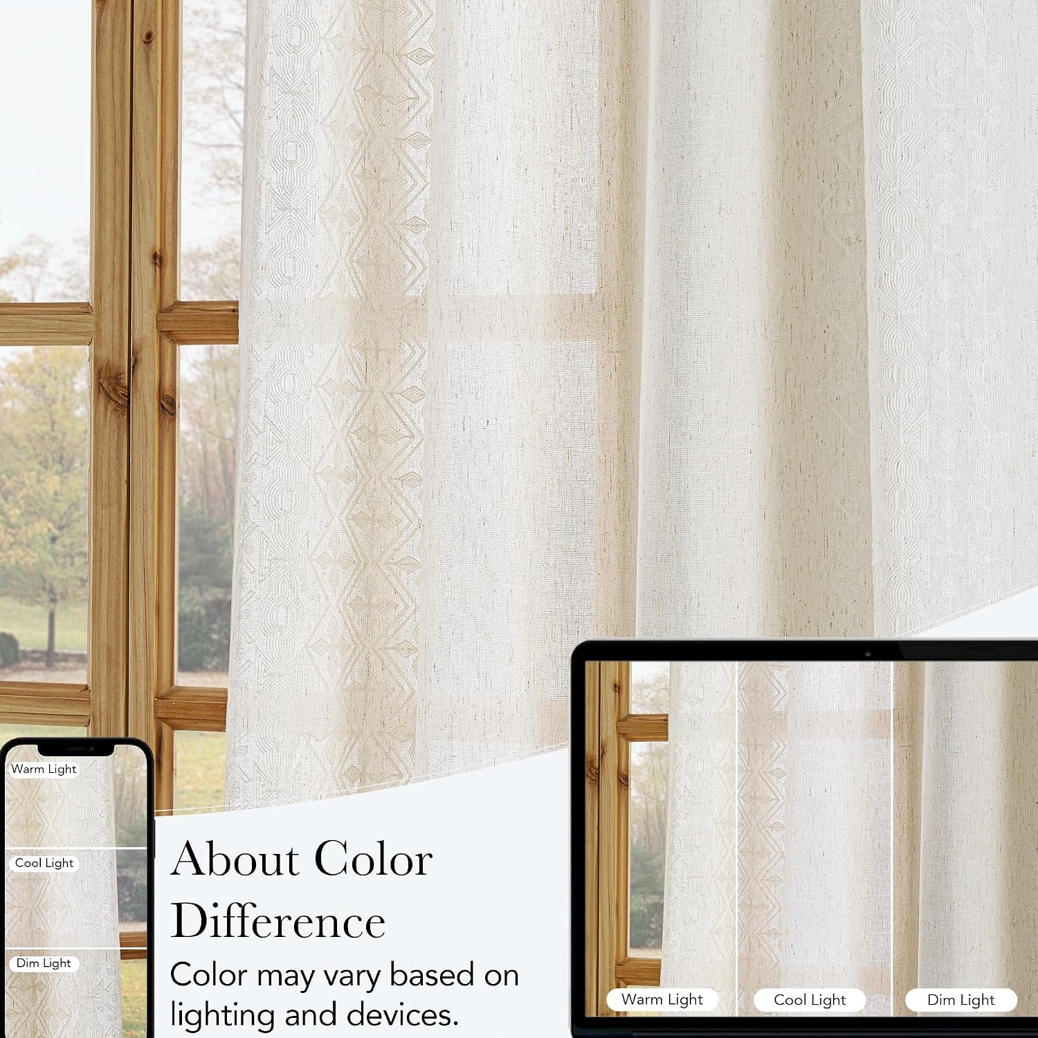 image:imageNICETOWN Embroidered Linen Curtains Ivory and White W52 x L84Nordic Geo Embroidery Ivory White