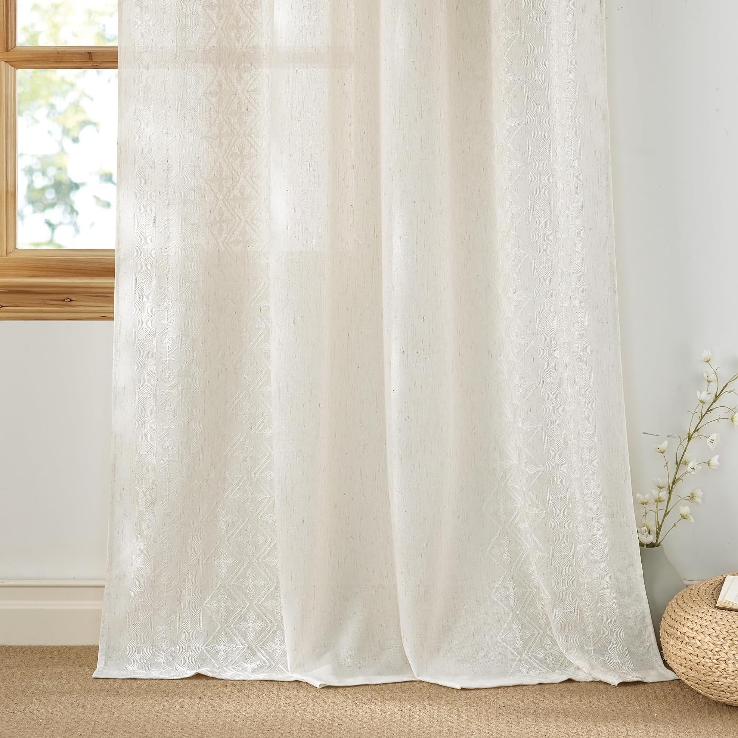 image:imageNICETOWN Embroidered Linen Curtains Ivory and White W52 x L84Nordic Geo Embroidery Ivory White