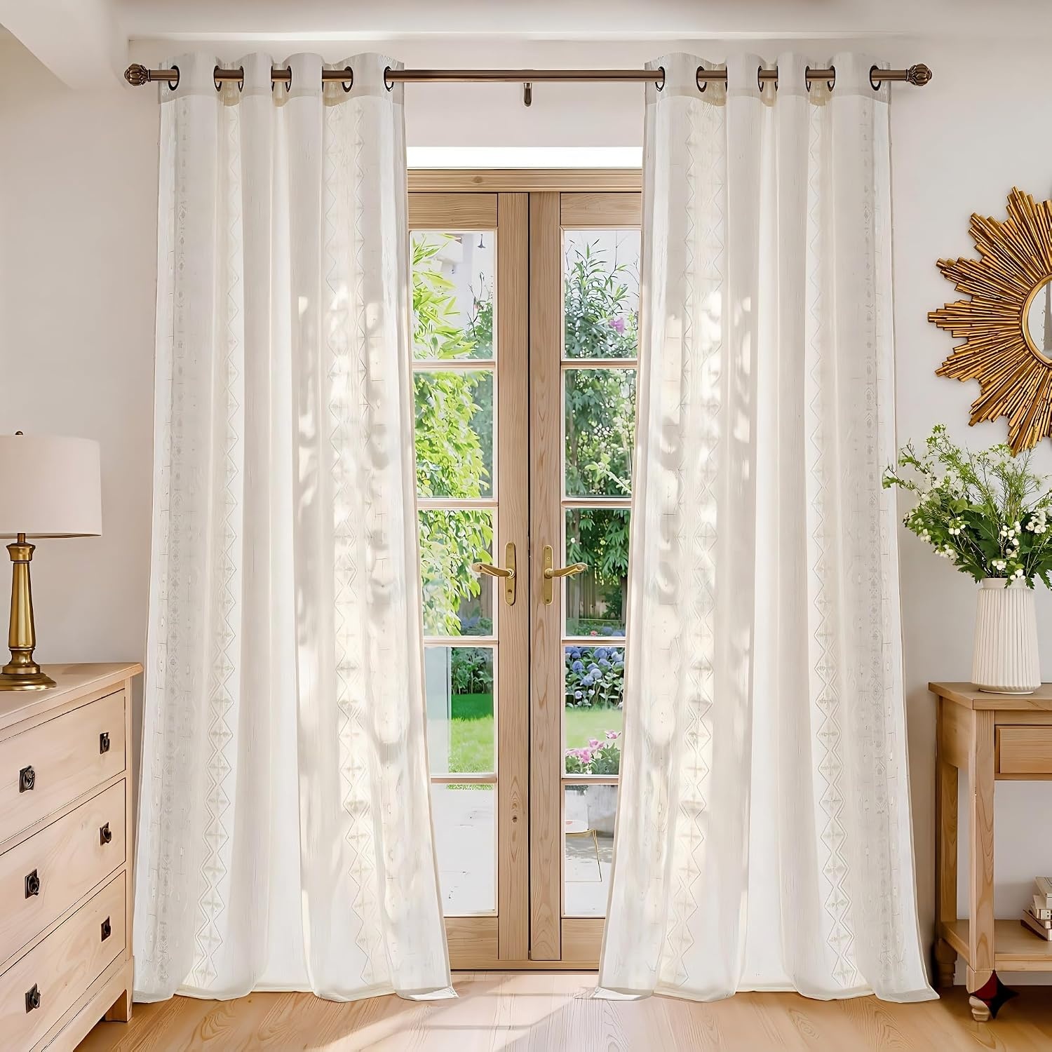 image:imageNICETOWN Embroidered Linen Curtains Ivory and White W52 x L84Nordic Geo Embroidery Ivory White