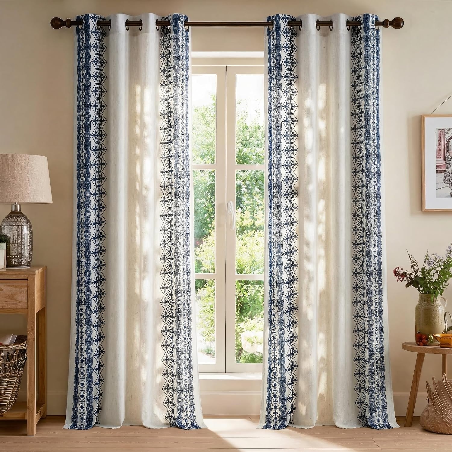 image:imageNICETOWN Embroidered Linen Curtains Ivory and White W52 x L84Nordic Geo Embroidery Navy Blue