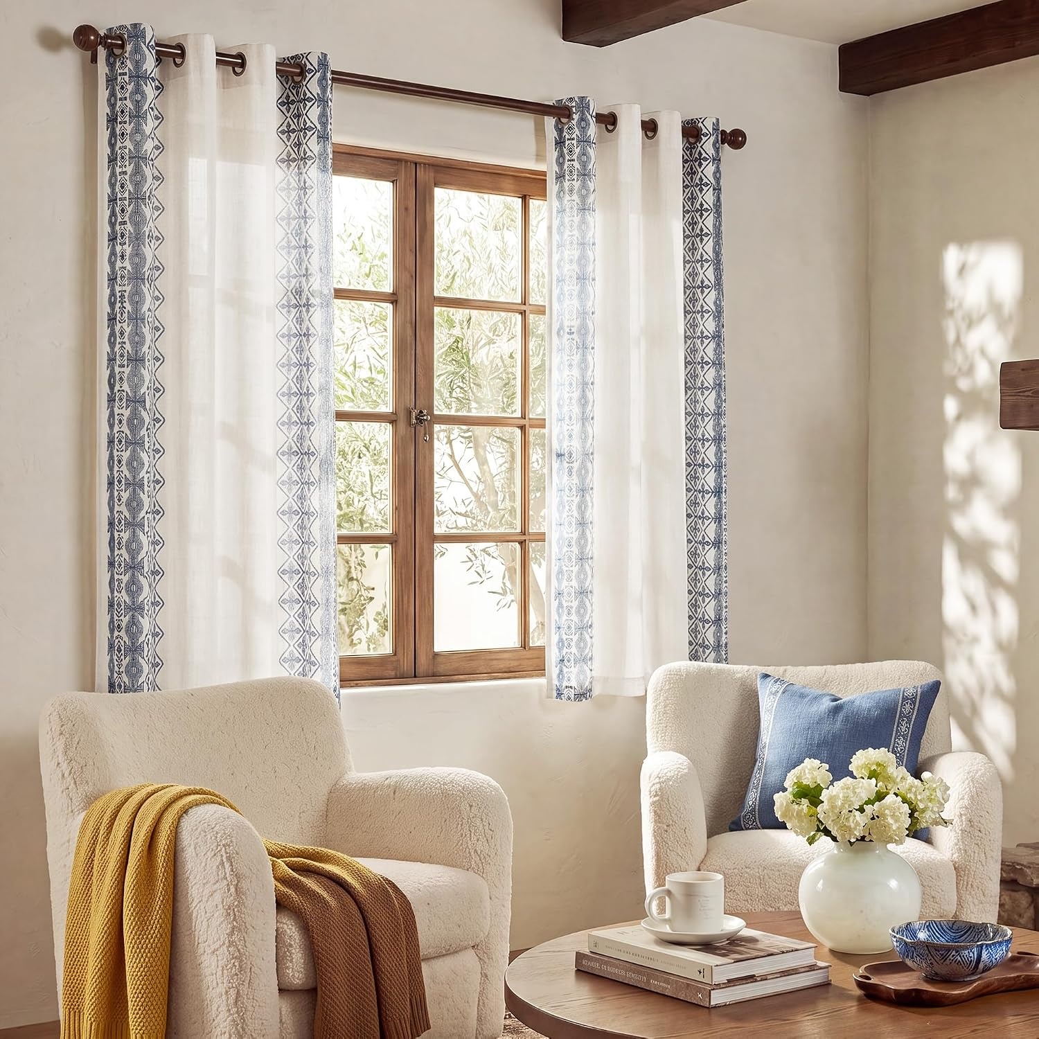 image:imageNICETOWN Embroidered Linen Curtains Ivory and White W52 x L84Nordic Geo Embroidery Navy Blue