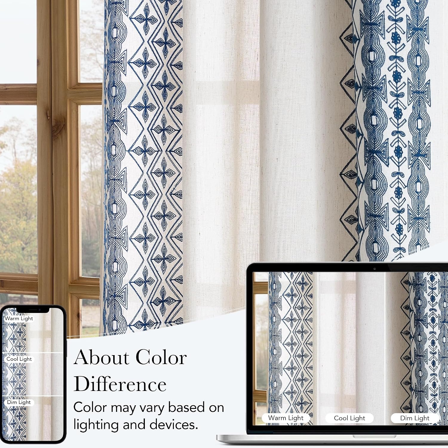 image:imageNICETOWN Embroidered Linen Curtains Ivory and White W52 x L84Nordic Geo Embroidery Navy Blue