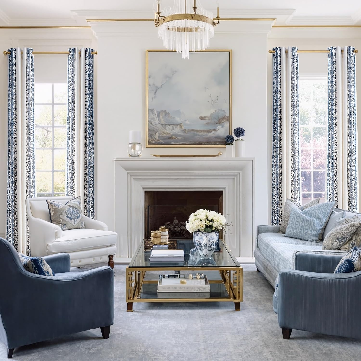 image:imageNICETOWN Embroidered Linen Curtains Ivory and White W52 x L84Nordic Geo Embroidery Navy Blue