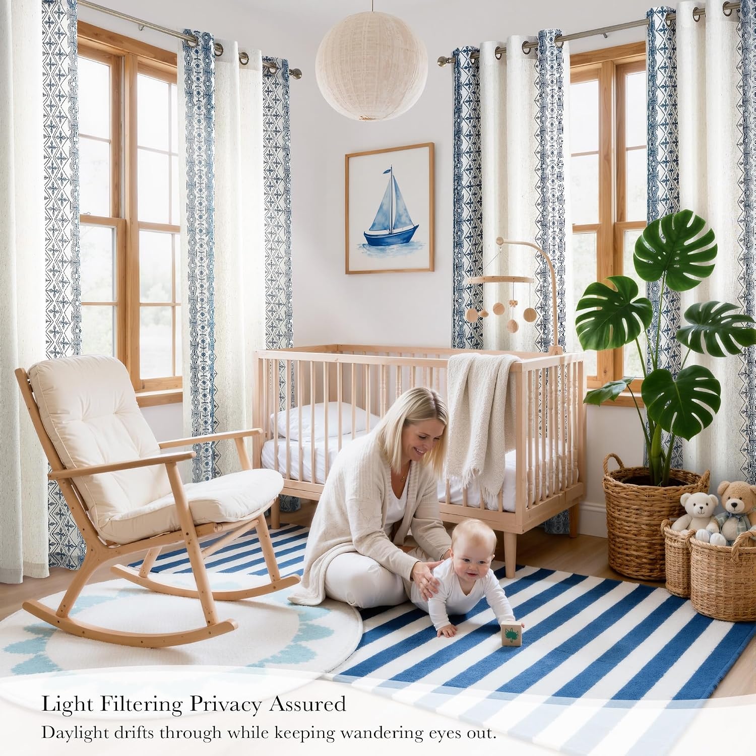 image:imageNICETOWN Embroidered Linen Curtains Ivory and White W52 x L84Nordic Geo Embroidery Navy Blue